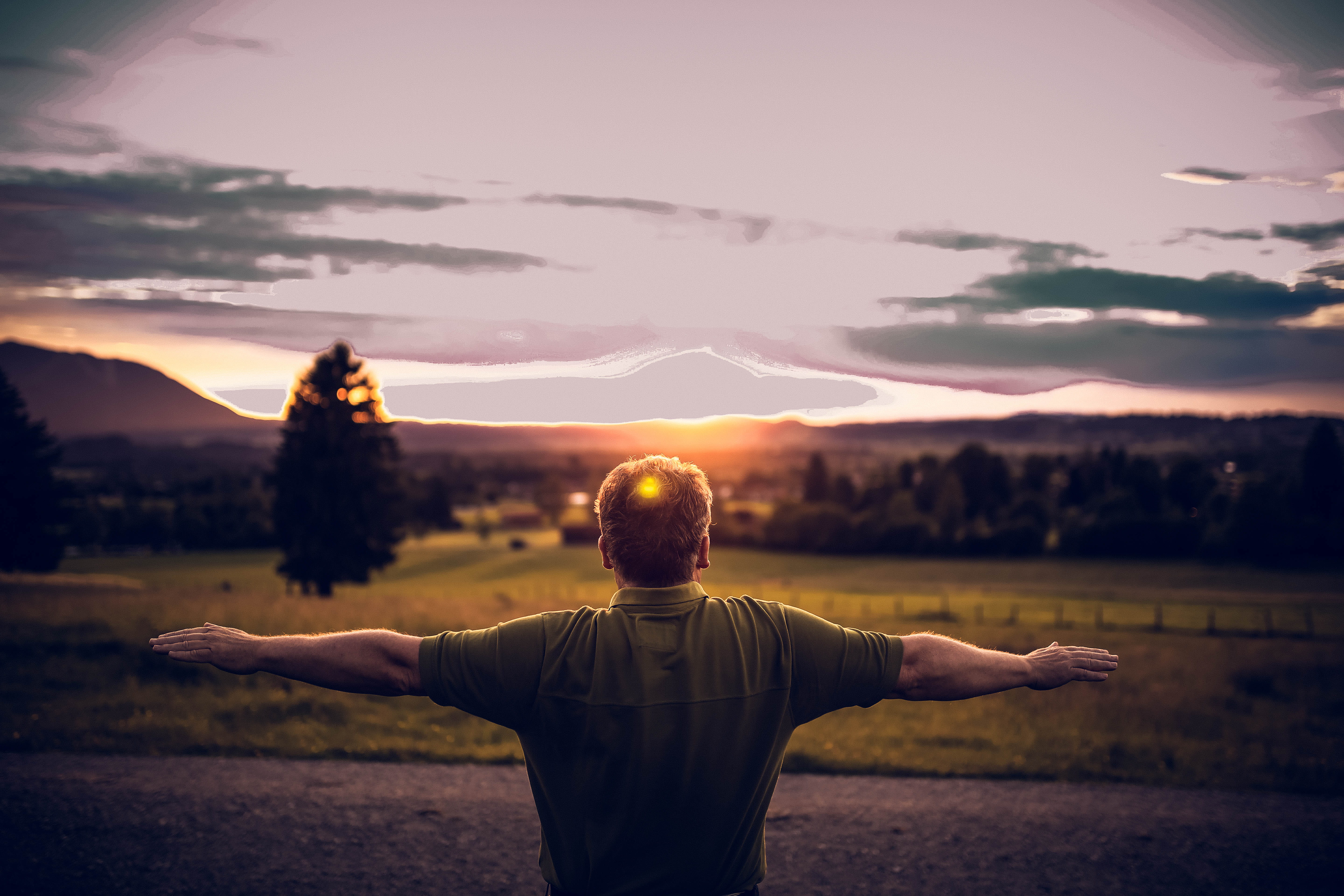person, rear view, lifestyles, sunrise, dark, men, human body part, landscape, outdoors, dawn, limb, arms raised, tranquil scene, positive emotion, relaxation, HD Wallpaper