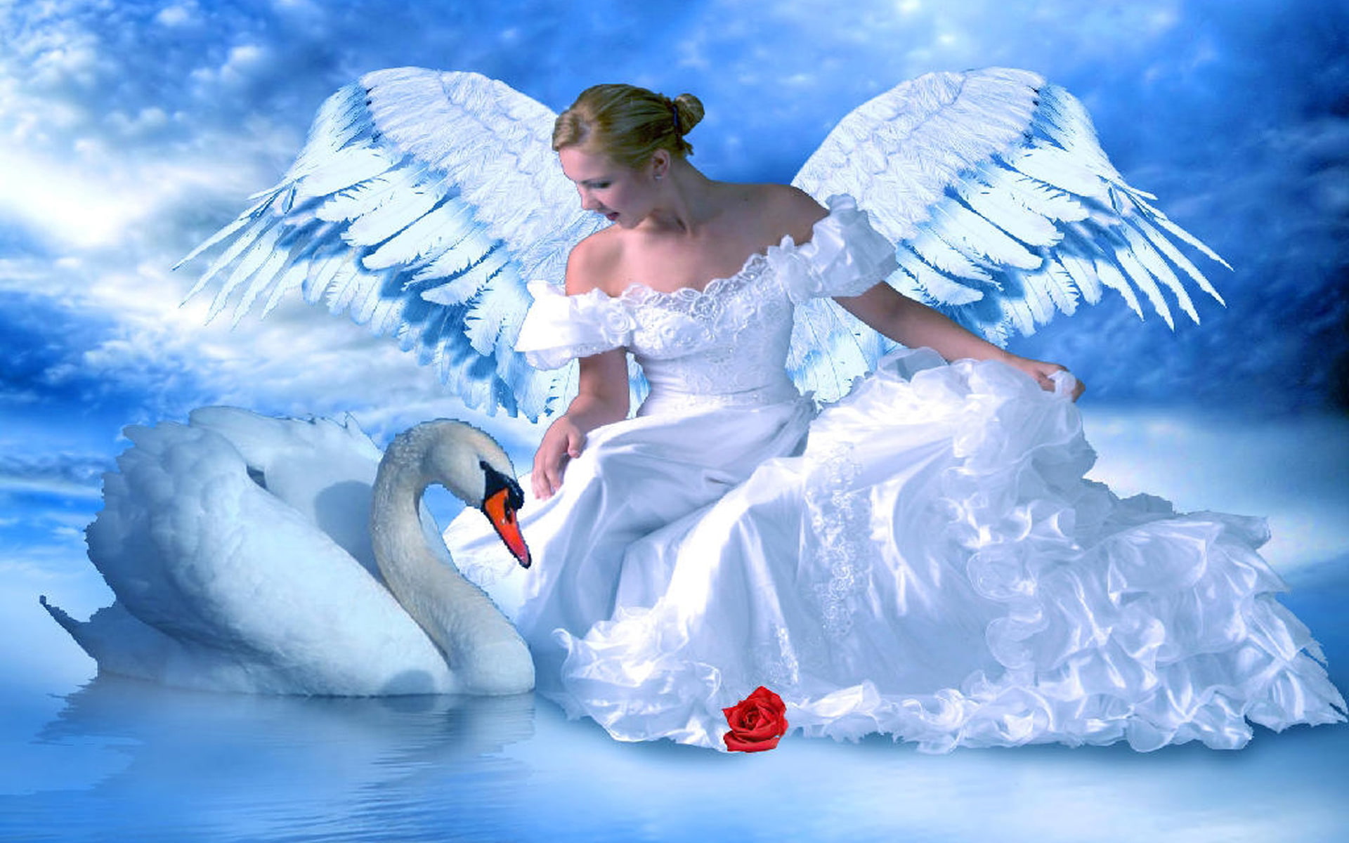 rose, beautiful, 1080P, art, girl, angel, red, lake, blue, fantasy, swan, desktop, HD Wallpaper