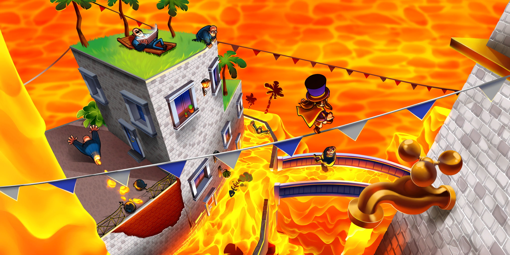 building exterior, high angle view, men, 1080P, rope, A Hat In Time, orange color, railing, real people, arts culture and entertainment, yellow, outdoors, HD Wallpaper