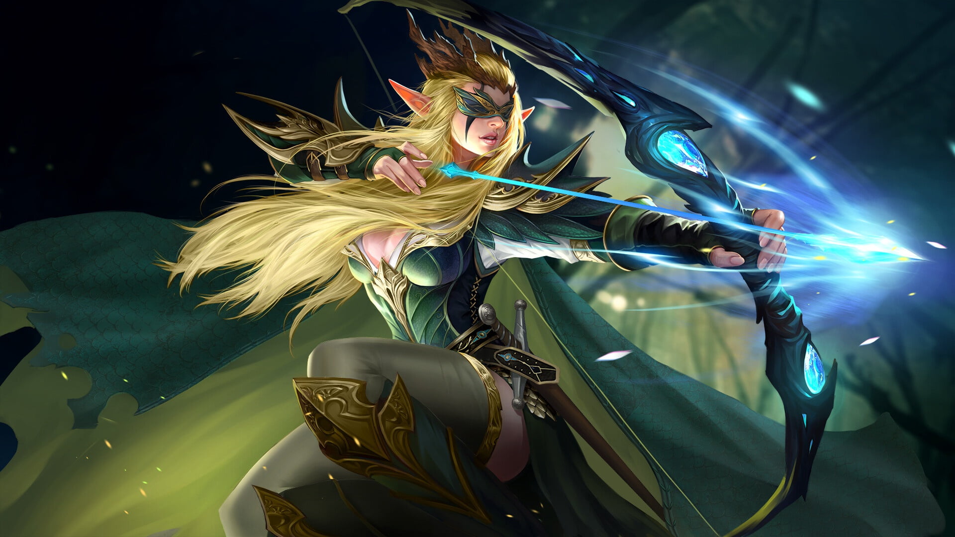 fantasy girl, bow, 1080P, long hair, blonde, archer, fantasy art, HD Wallpaper