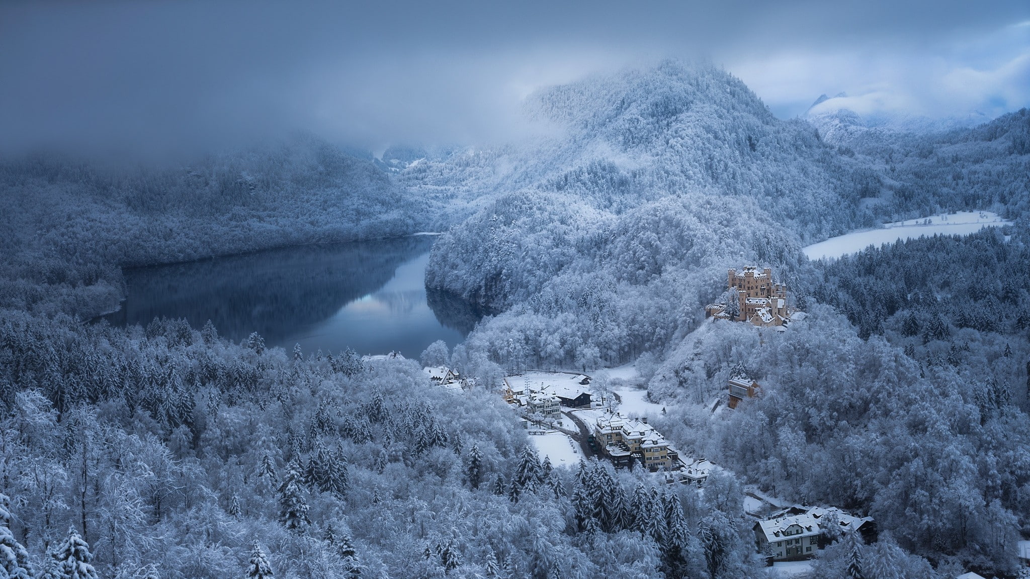 1080P, landscape, nature, snow, lake, architecture, building, castle, mountains, clouds, daylight, forest, morning, winter, village, cold, Germany, HD Wallpaper