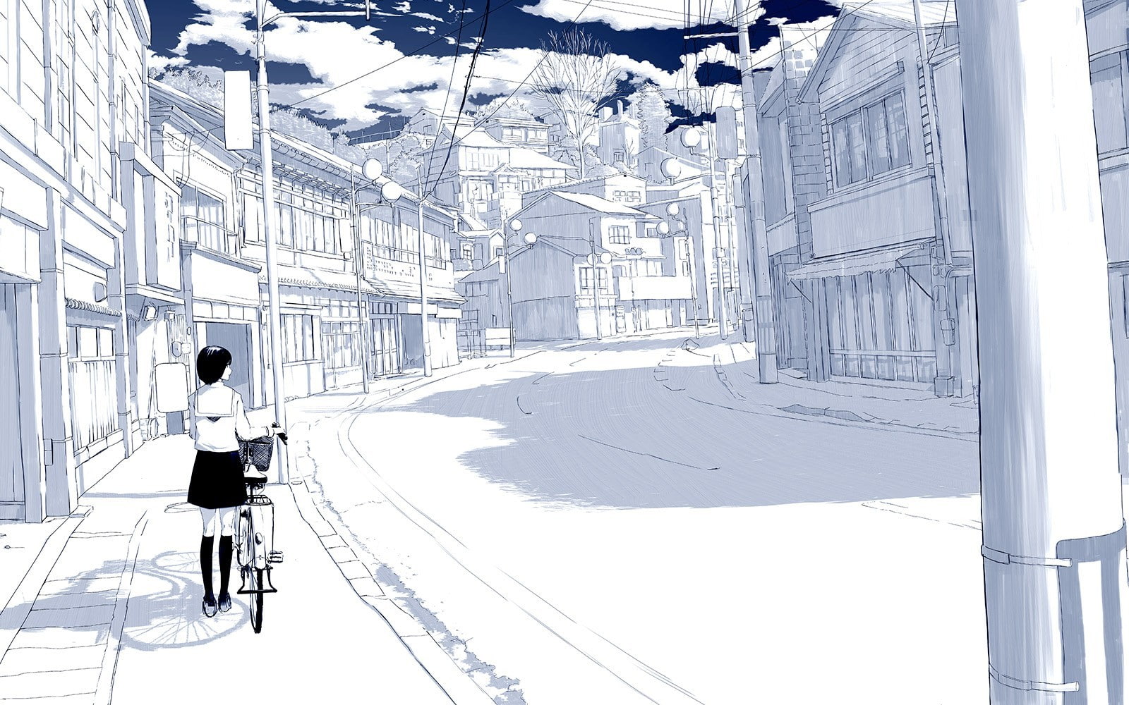 sky, 720P, drawn, bicycle, cityscape, anime girls, selective coloring, HD Wallpaper