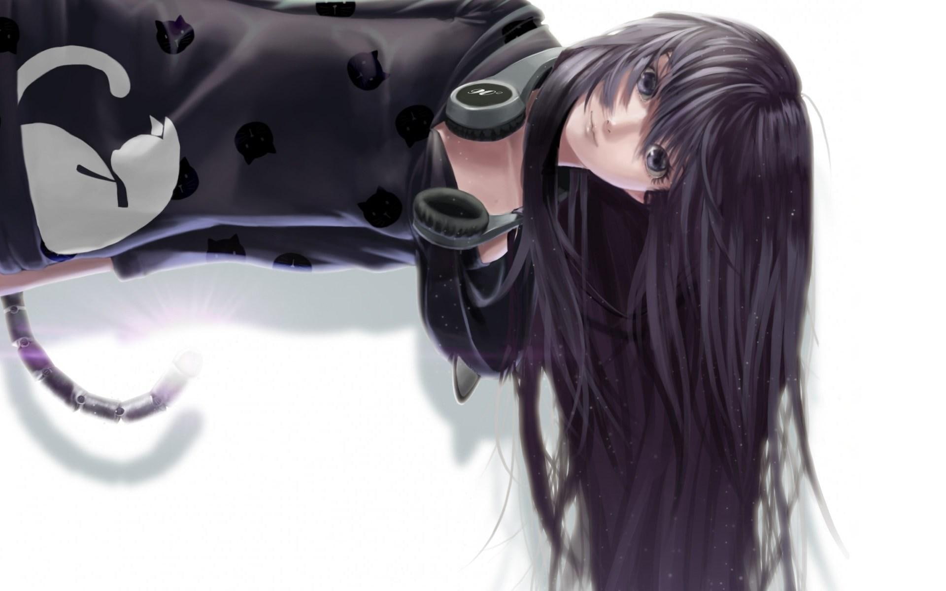 1080P, headphones, girl, anime, cat, HD Wallpaper