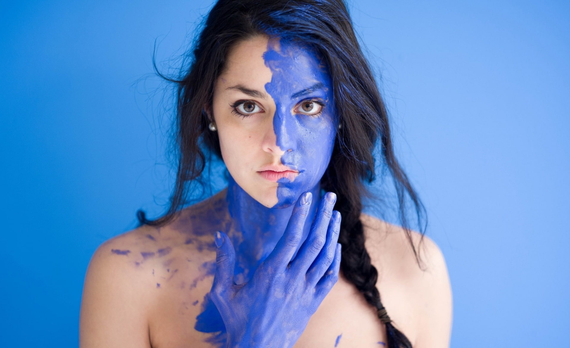 body part, blue background, women, adult, black hair, indoors, studio shot, s, hair, front view, face paint, young adult, blue, looking at camera, model, HD Wallpaper