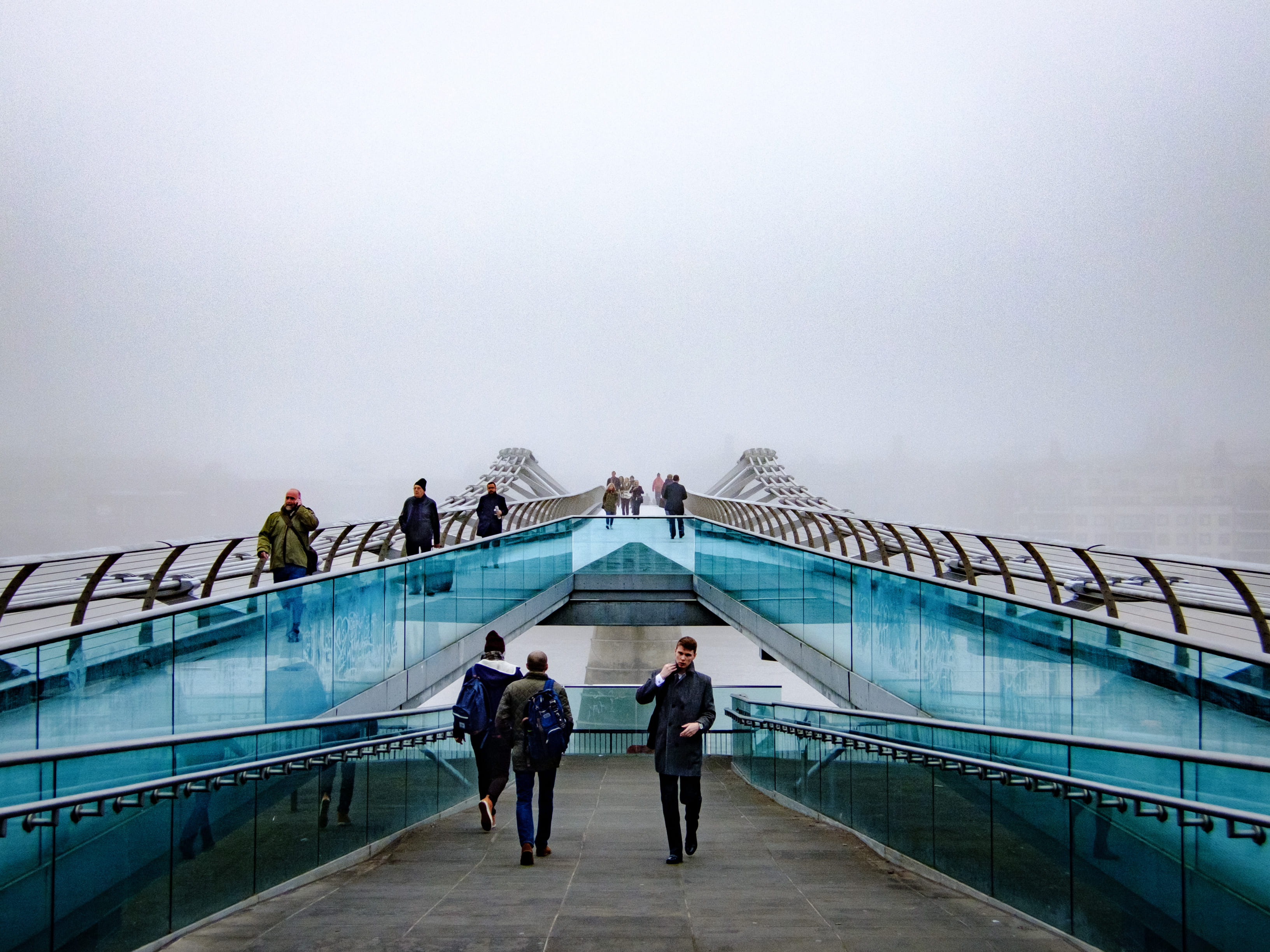 cold, rear view, travel, lifestyles, nature, blue, fog, people, near, connection, warm clothing, architecture, walking, railings, winter, men, person, bridge, HD Wallpaper