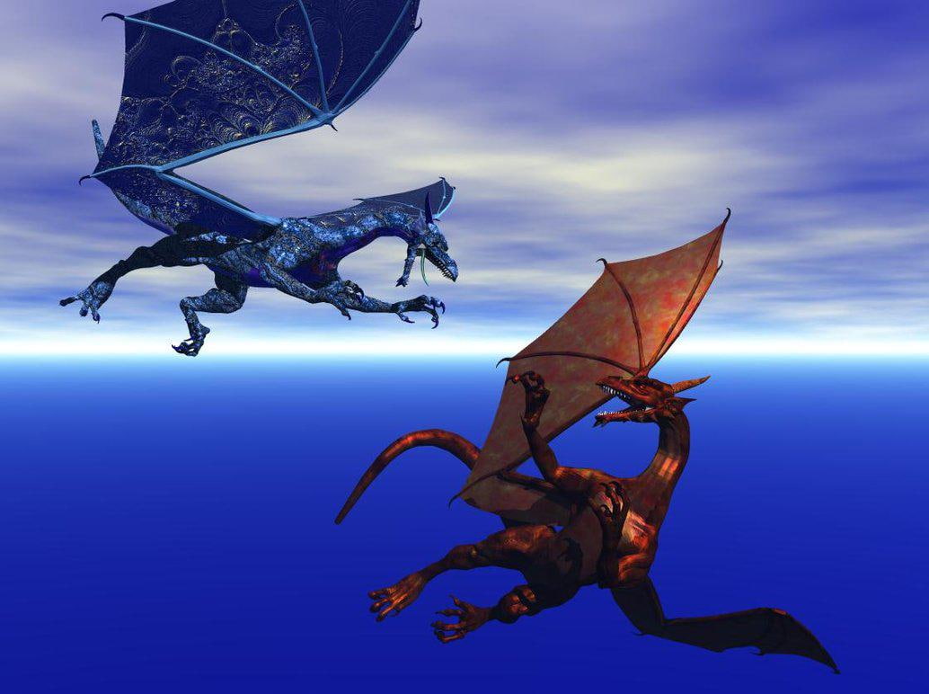 vs, ice, blue, dragon, fire, brown, two, illustrations, fight, 480P, HD Wallpaper