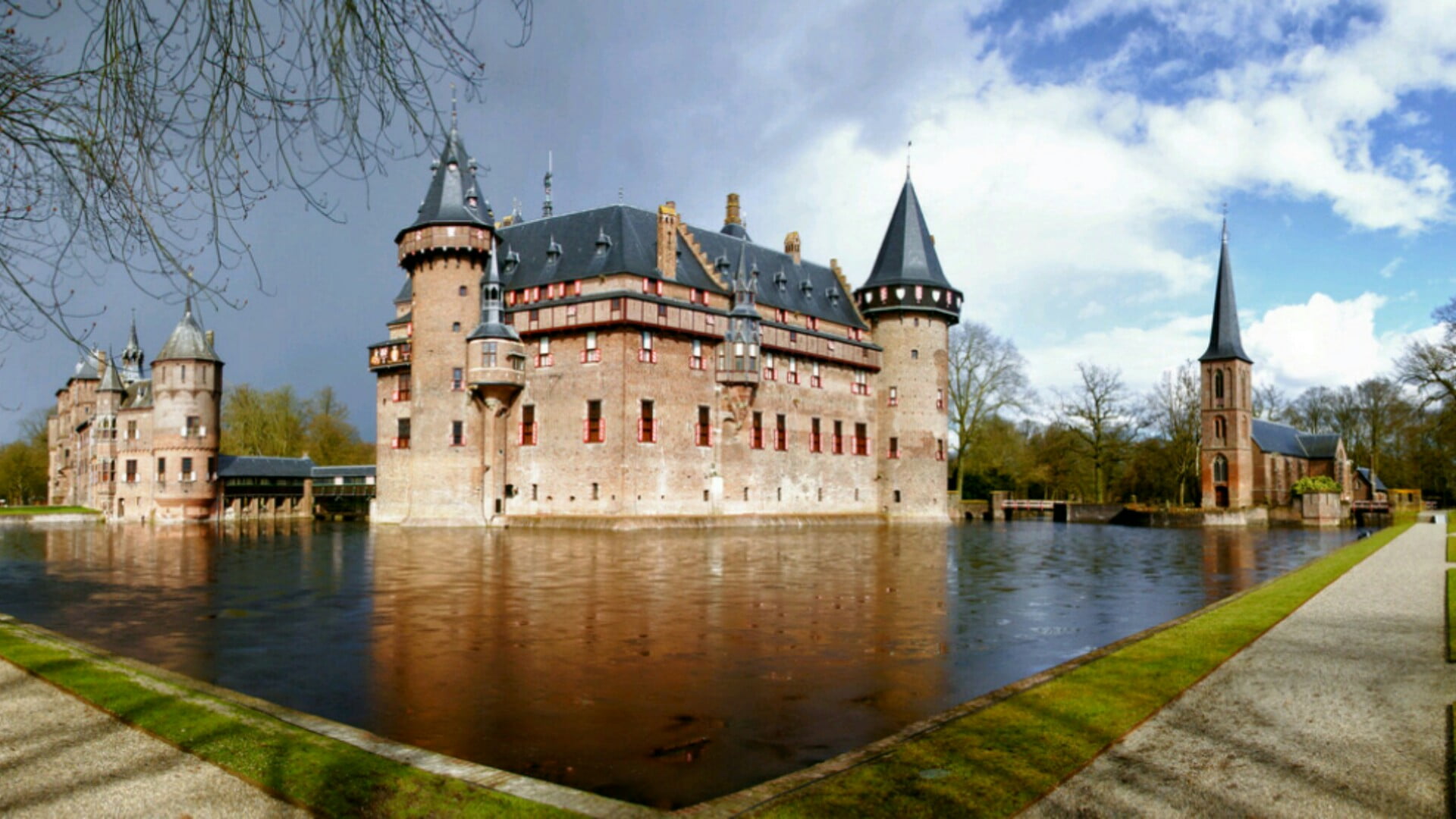 travel, europe, palace, utrecht, gothic style, sky, netherlands, no people, tourism, moat, cloud - sky, river, reflection, tower, spire, built structure, HD Wallpaper