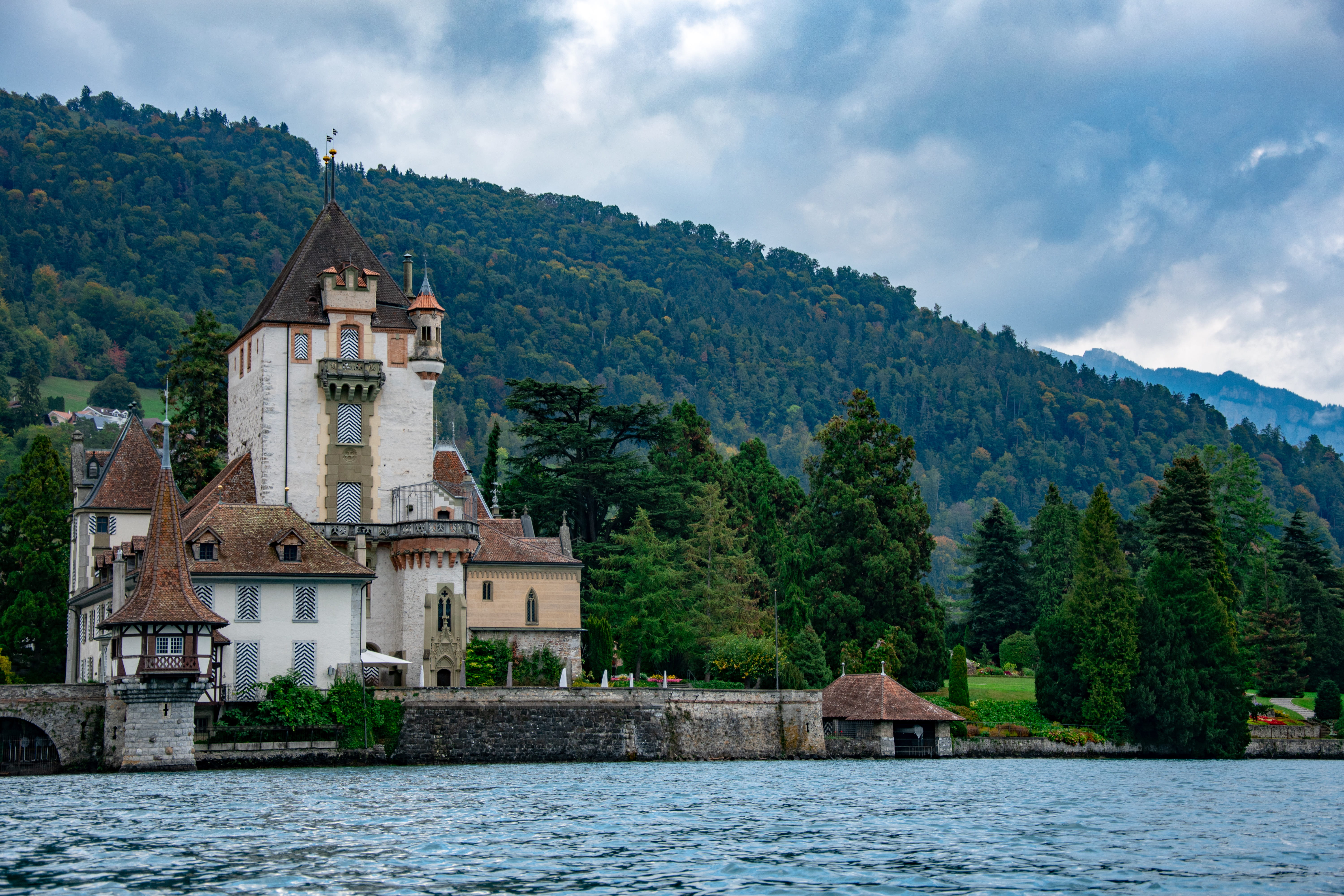 switzerland, nature, tree, religion, fort, belief, countryside, place of worship, moat, forest, water, castle, sky, shelter, 5K, mountain, oberhofen, no people, HD Wallpaper