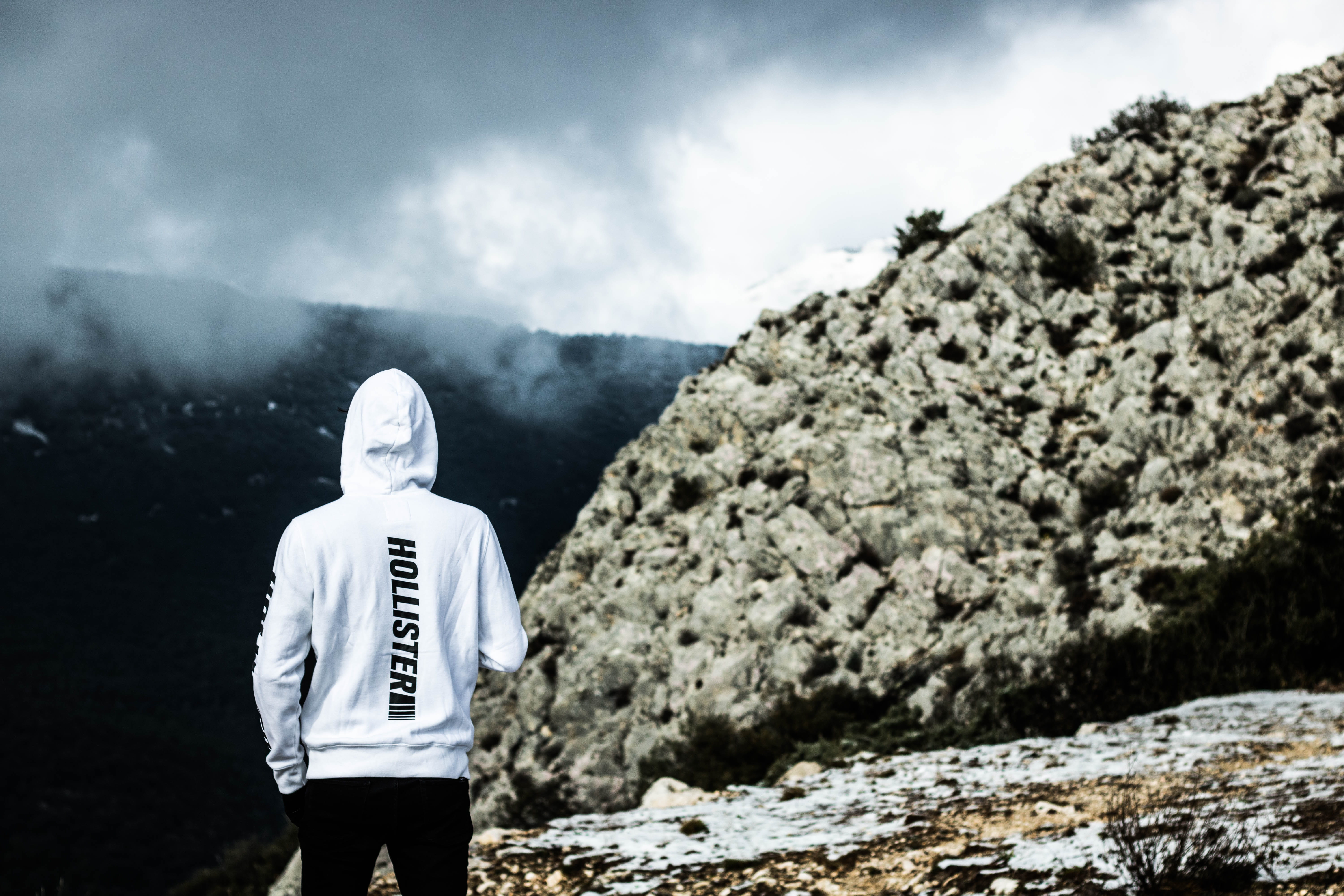 three quarter length, near, person, man, clouds, one person, sky, men, rear view, hollister, daylight, rock, standing, casual clothing, scenics - nature, HD Wallpaper