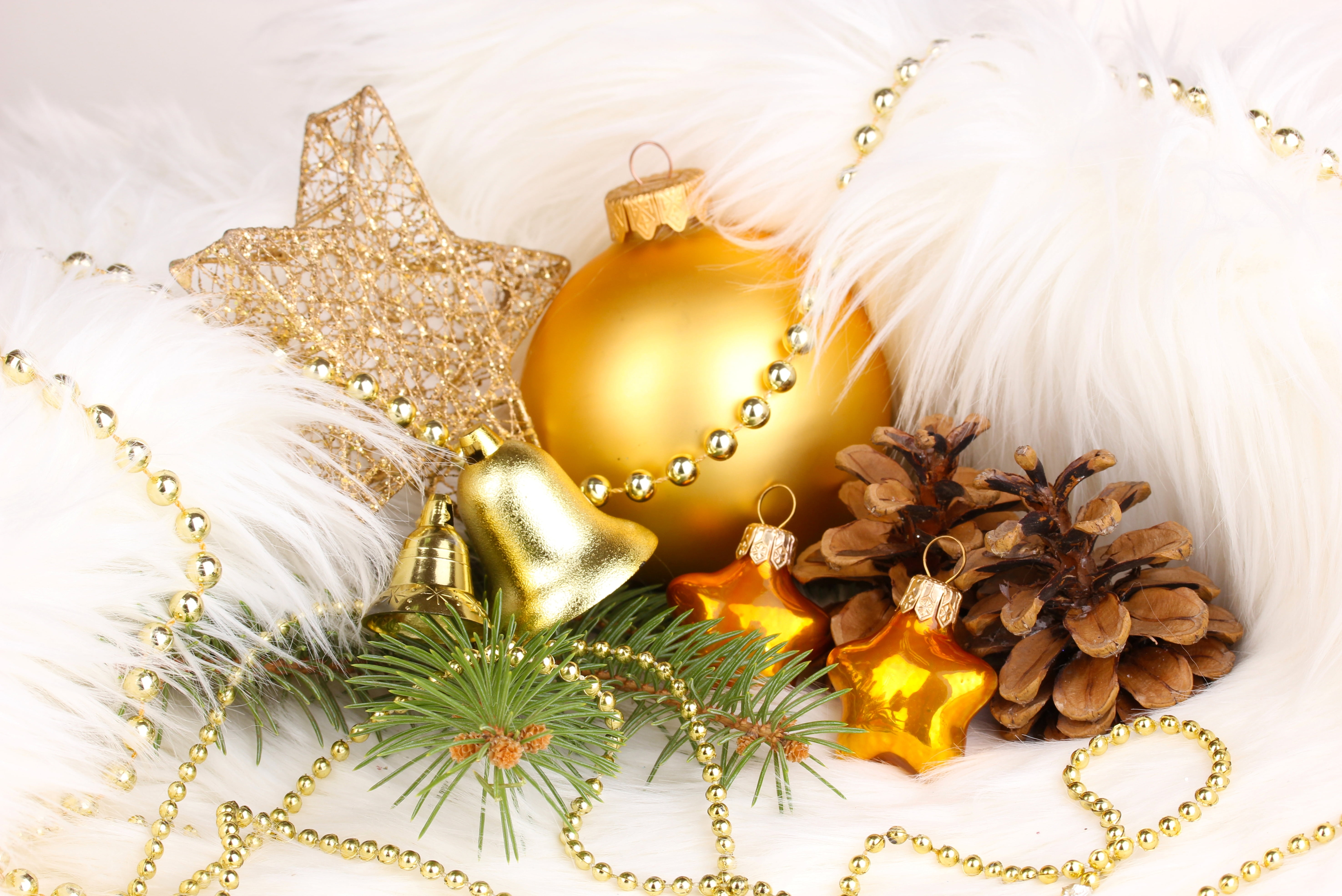 gold, high angle view, close-up, jewelry, ball, decoration, New Year, still life, bells, celebration, flowering plant, stars, pearl jewelry, christmas ornament, HD Wallpaper