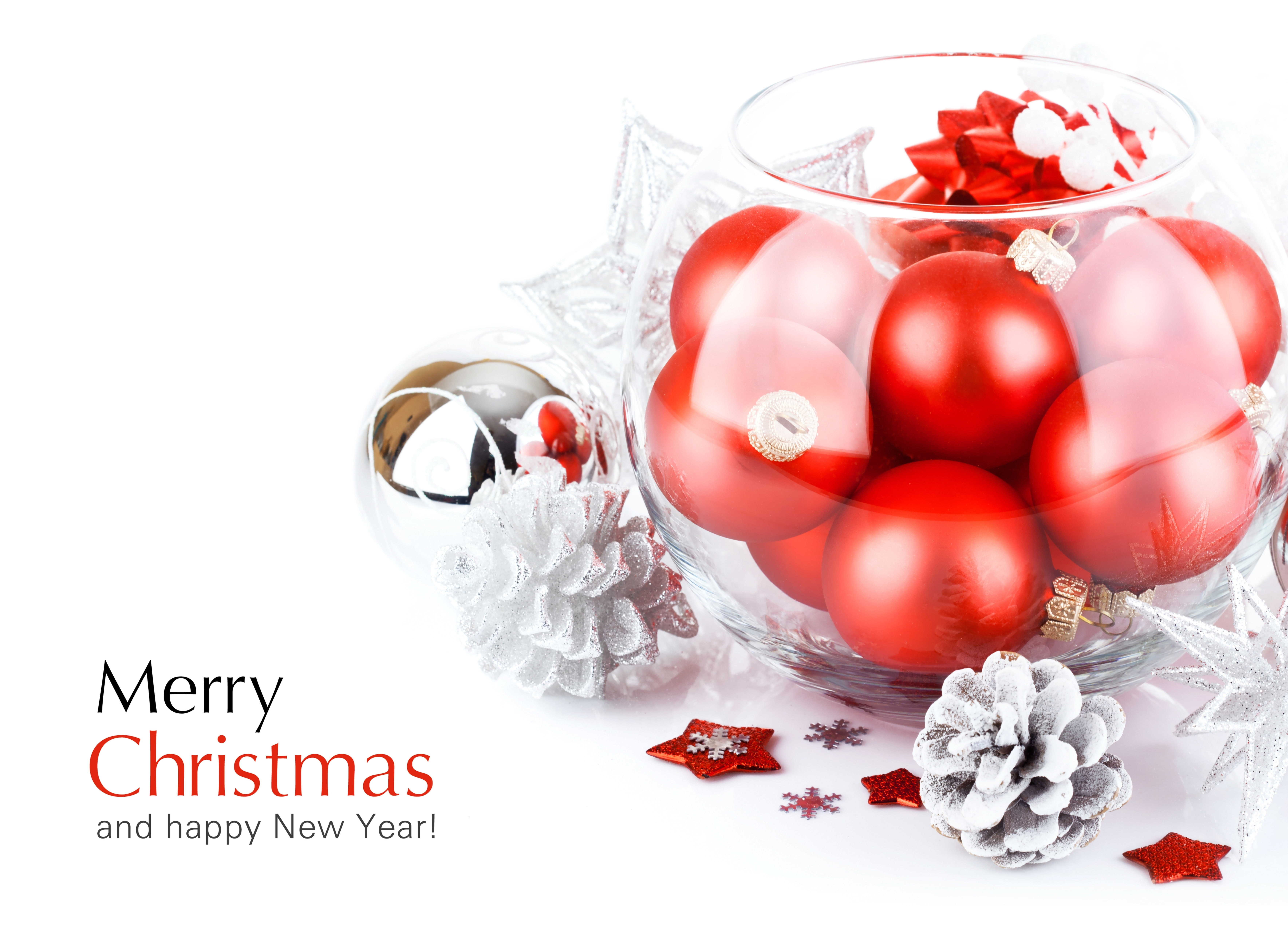 holiday, congratulations, red, New Year, bumps, Christmas, baubles, pine, cones, white, balls, toys, 5K, HD Wallpaper