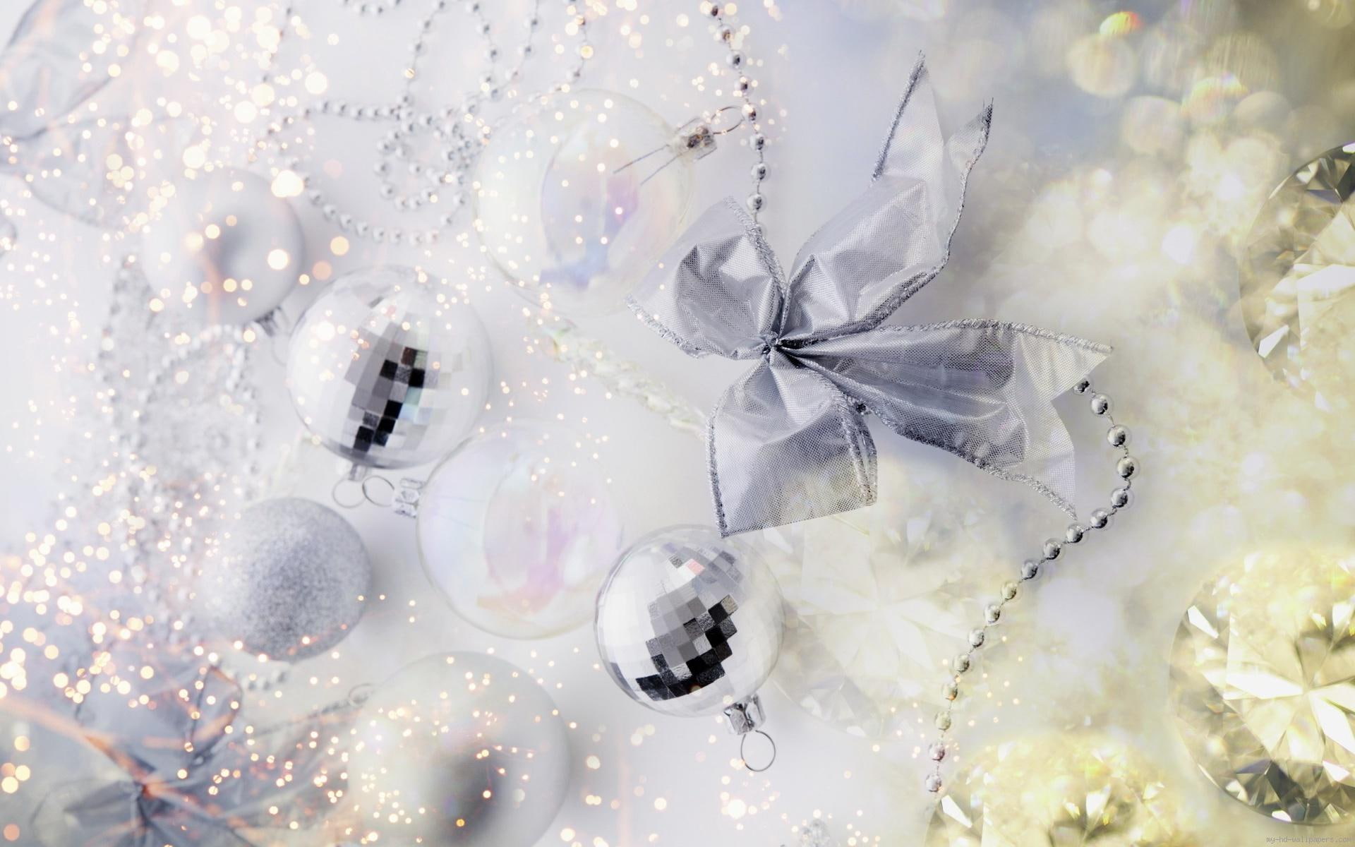 1080P, decorations, white, bow, silver, christmas, decors, party, holidays, ball, HD Wallpaper