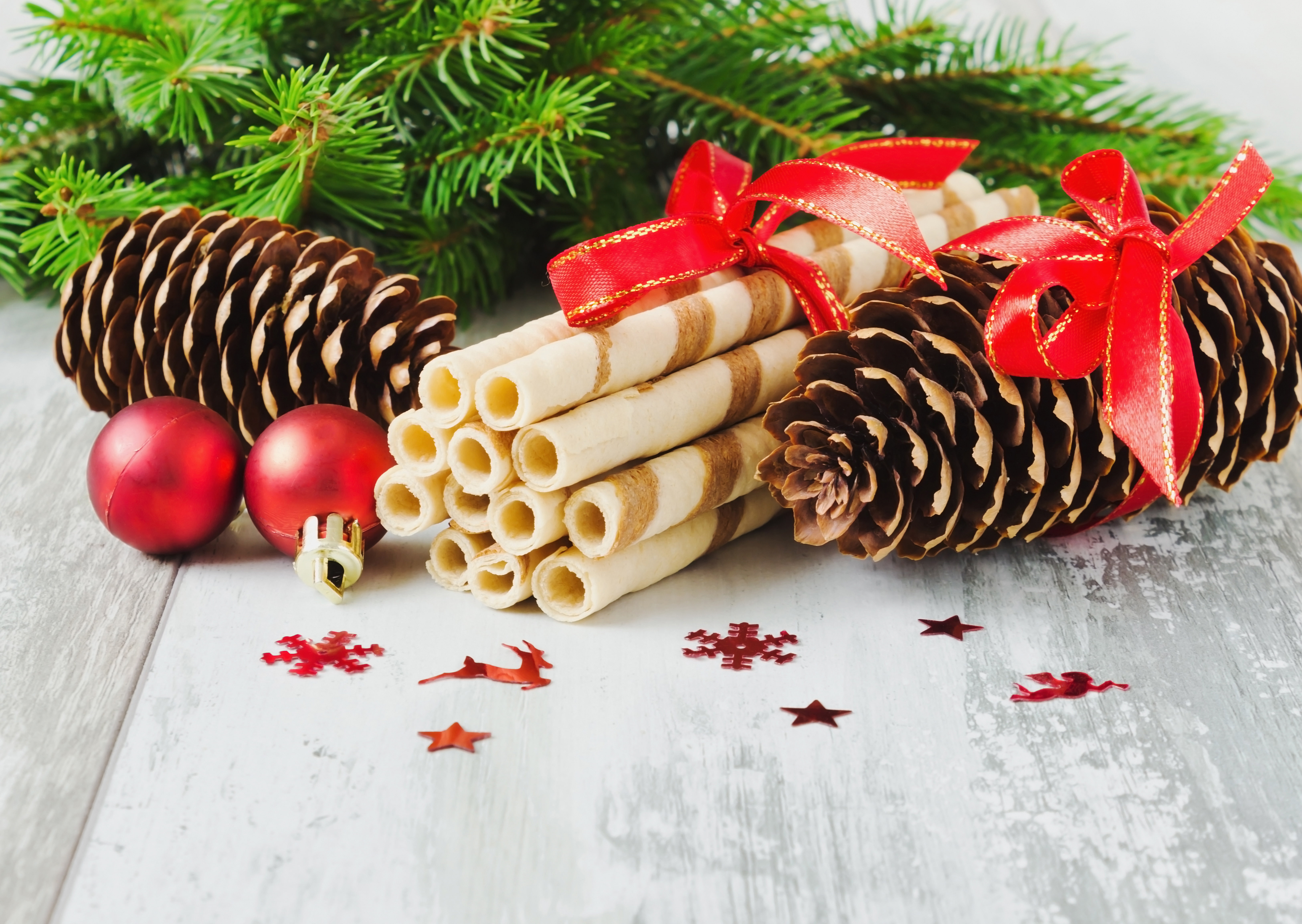 5K, tube, spruce, waffle, dessert, Christmas, balls, branches, holidays, food, bumps, New Year, winter, HD Wallpaper