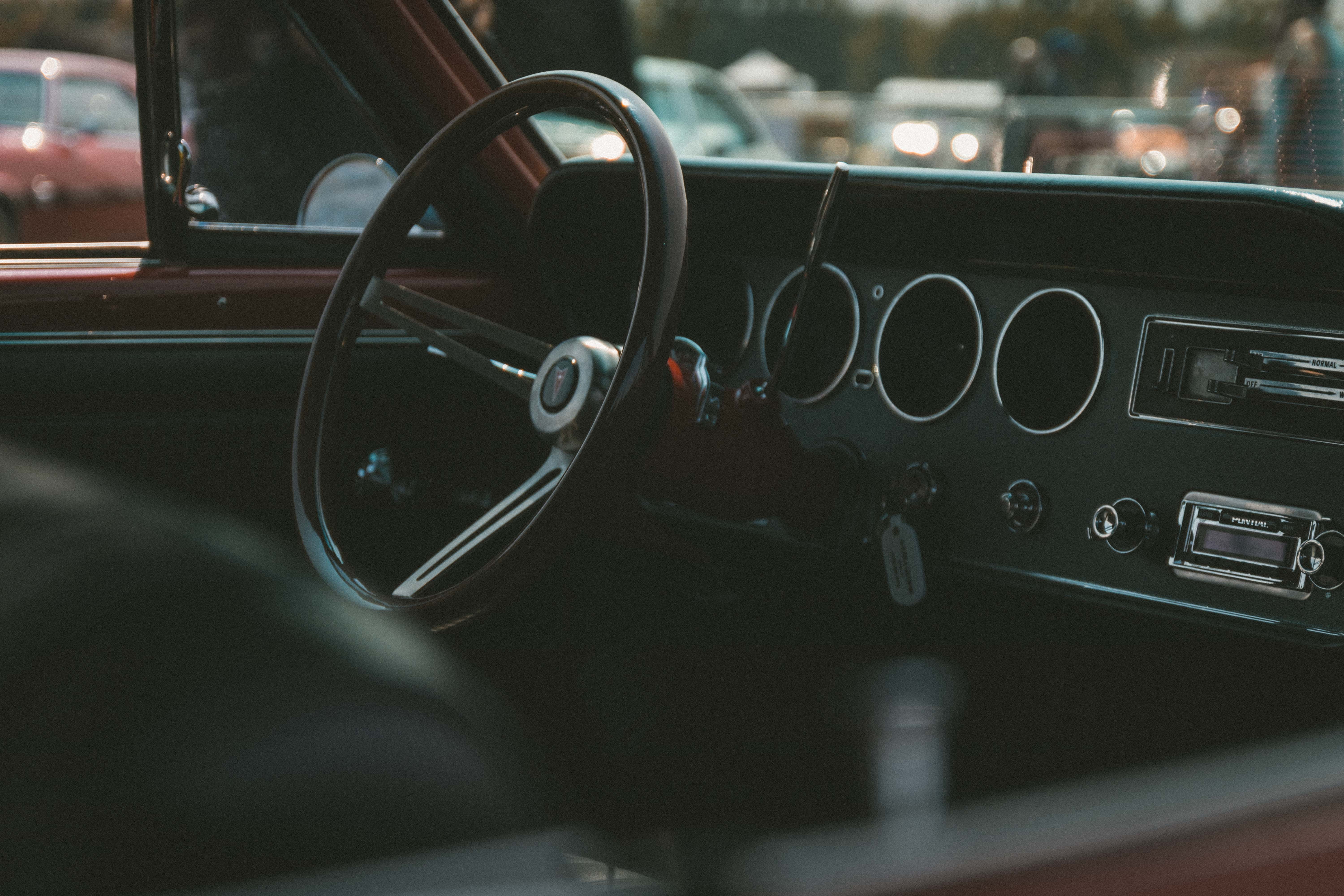 black, windshield, close, selective focus, vehicle, vintage car, retro styled, car interior, control panel, vehicle interior, steering, indoors, motor vehicle, HD Wallpaper