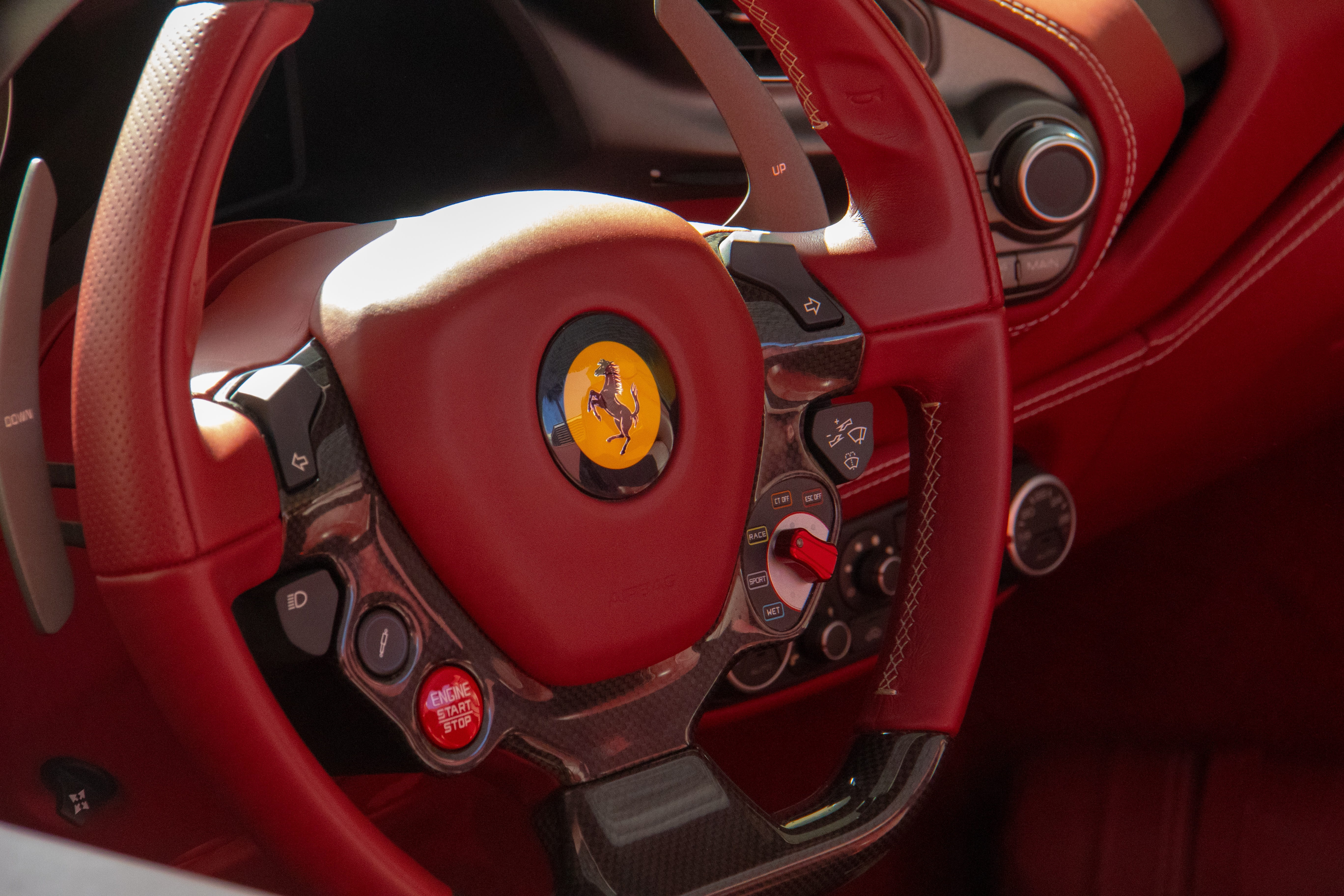 wheel, mode of transportation, convertible, metal, steering wheel, outdoors, leather, ferrar, vehicle, iconic, transport, close, 5K, steering, no people, HD Wallpaper