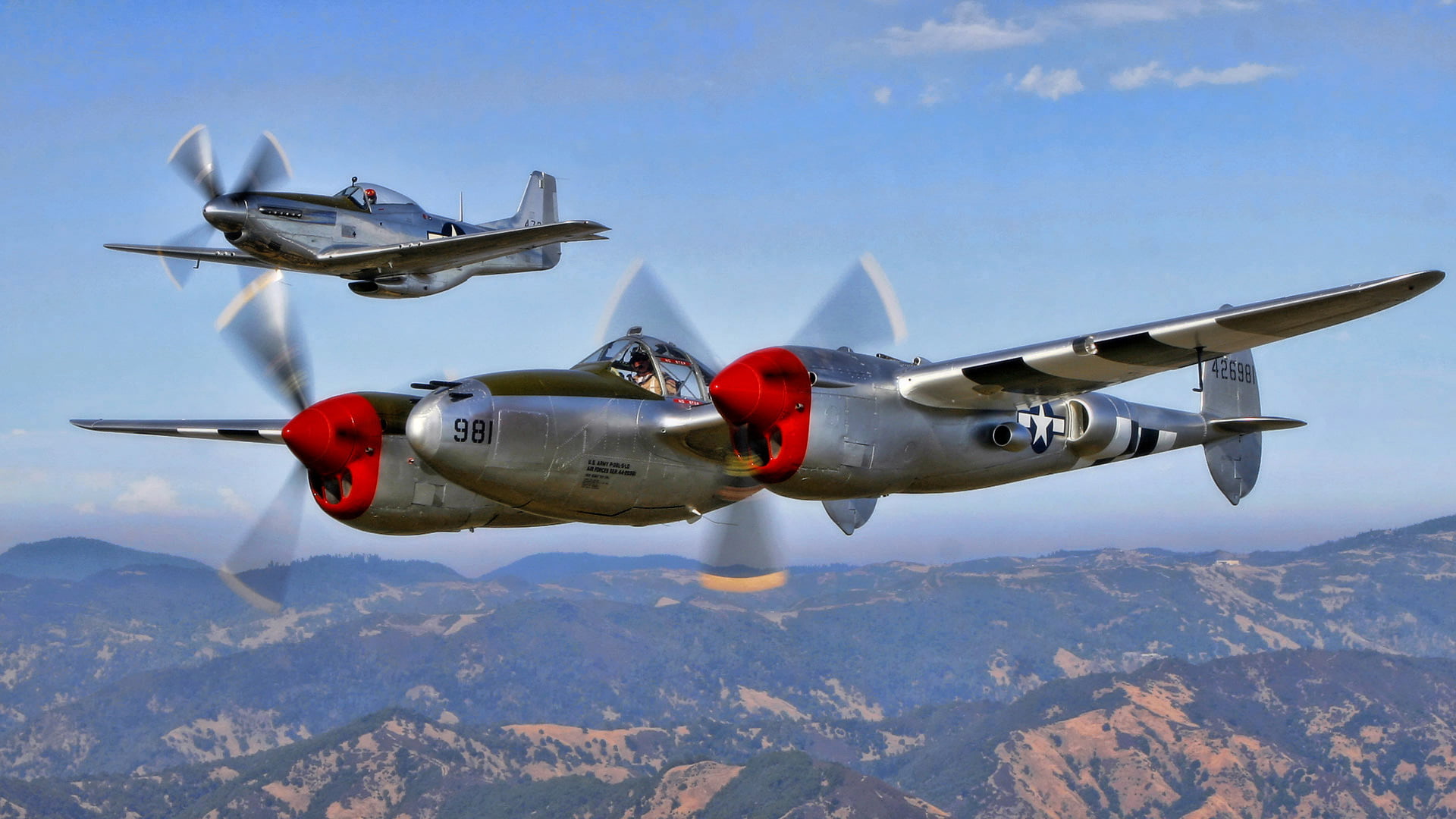 mustang, sky, plane, ww2, lighting, air vehicle, flying, military airplane, North American, no people, day, army, mode of transportation, nature, fighter, HD Wallpaper