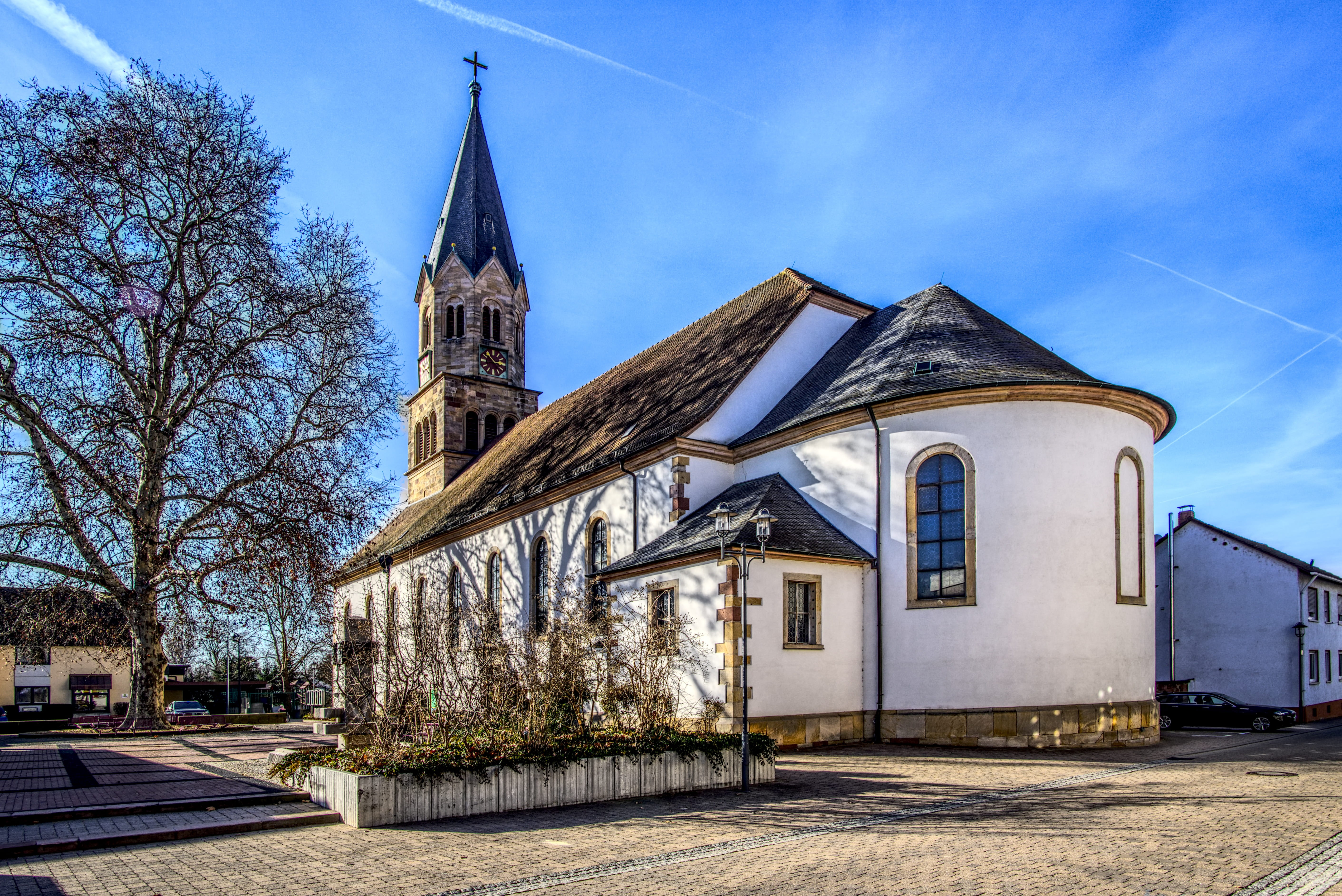 pray, tree, outdoors, clock tower, christian, green, 5K, blue, church, steeple, spirituality, cloud - sky, small church, history, faith, nature, plant, HD Wallpaper