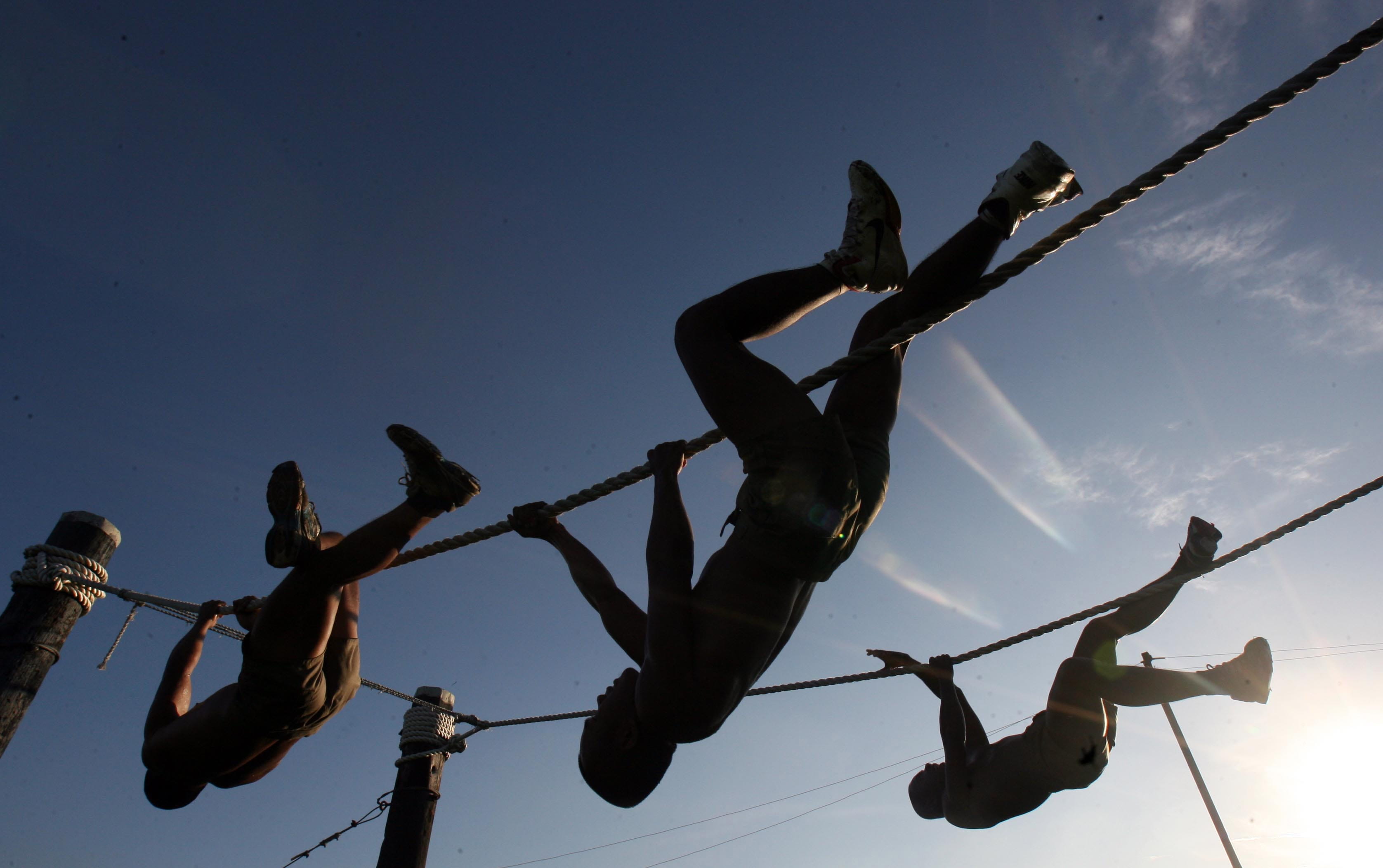 energy, low angle view, nature, three, ropes, 2K, wear, blue, outdoors, man, action, photoshoot, day, skill, hanging, sunlight, body, acrobat, full length, HD Wallpaper