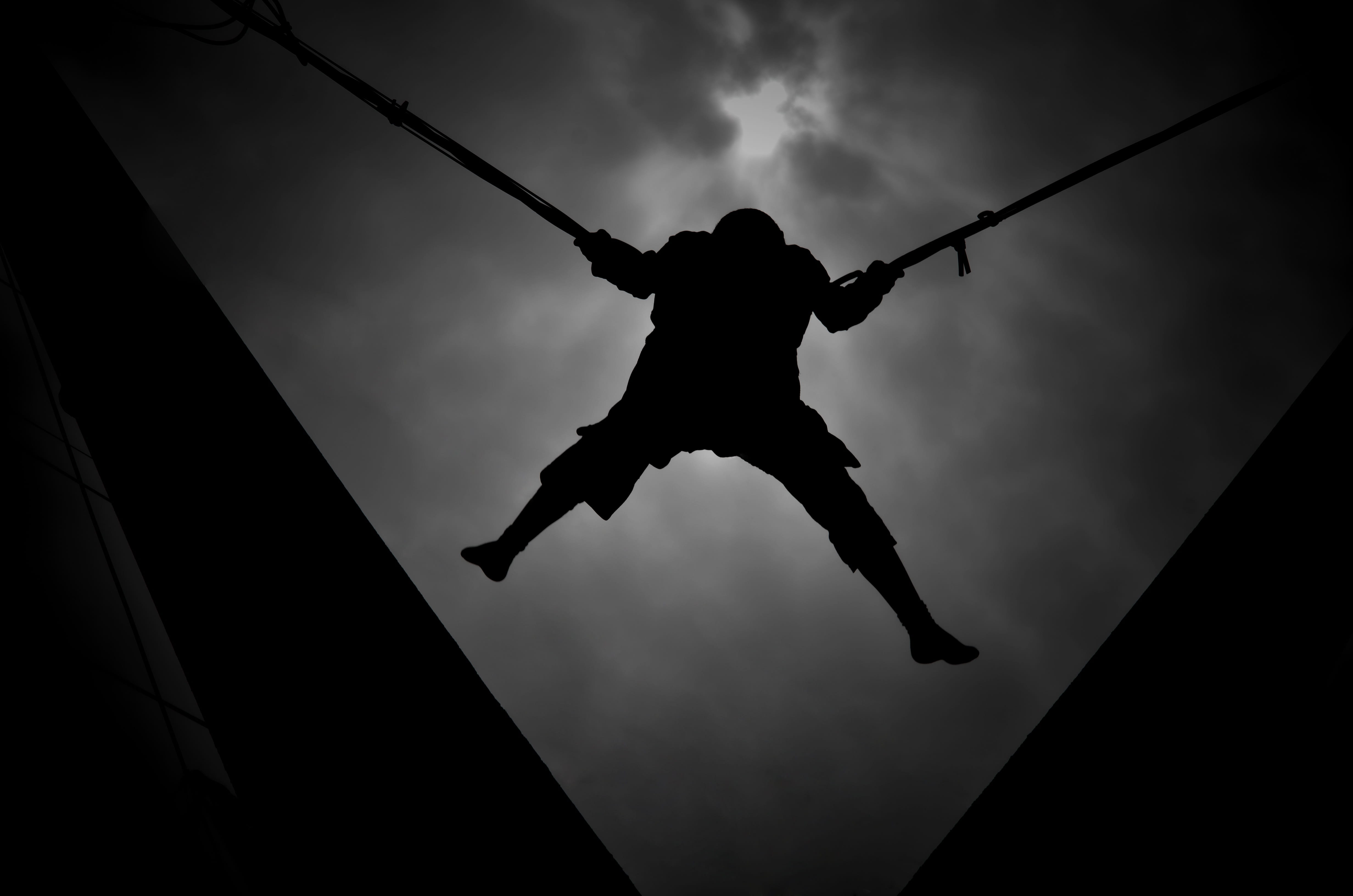 energy, silhouetted, extreme, challenge, silhouette, sport, excitement, joy, goal, one person, black and white, people, lifestyles, full length, extreme sports, HD Wallpaper