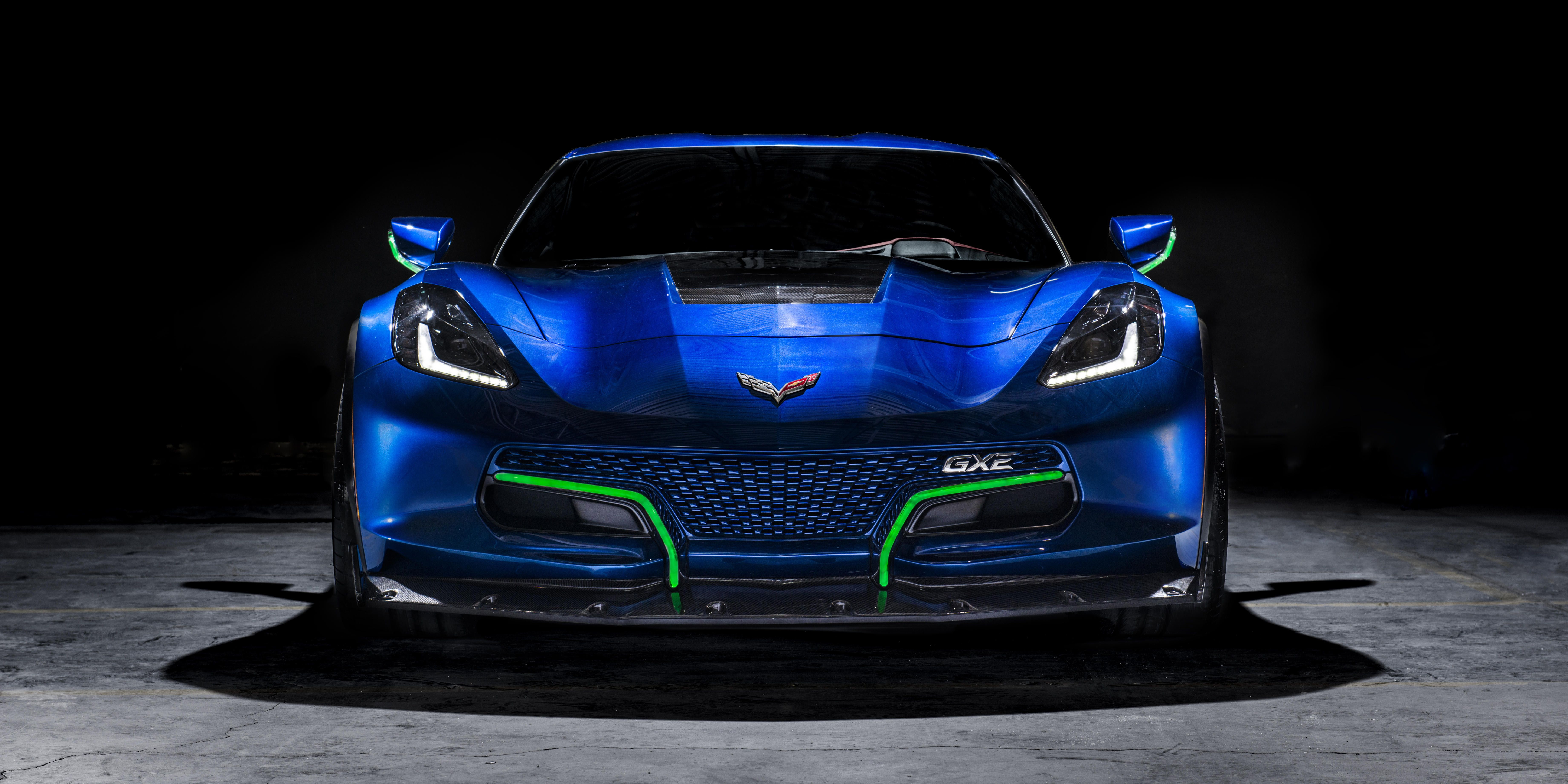 illuminated, no people, glowing, car, 5K, close-up, 8K, Concept cars, night, Chevrolet Corvette Grand Sport, Genovation GXE, mode of transportation, motor vehicle, HD Wallpaper