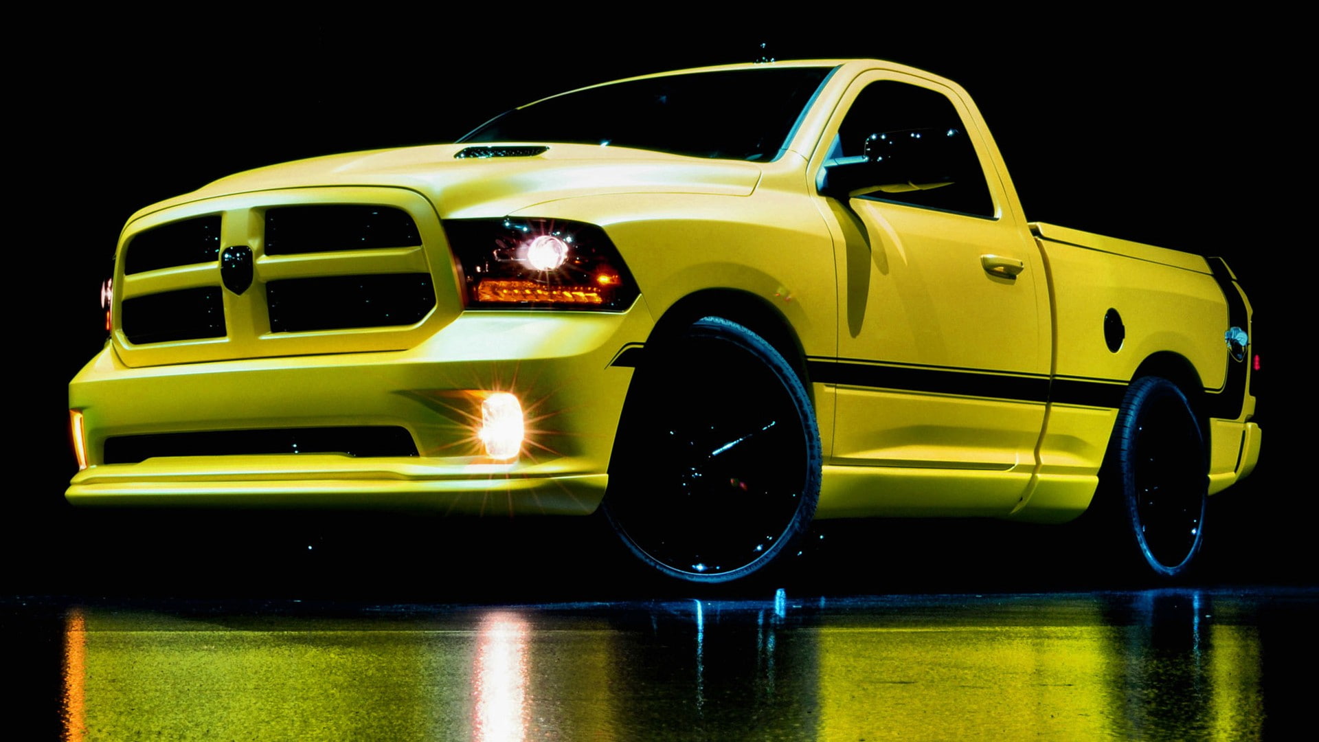 vehicle, yellow cars, Dodge RAM, land vehicle, city, taxi, yellow, mode of transportation, night, Dodge Ram Rumbe Bee Concept, motor vehicle, 1080P, illuminated, HD Wallpaper