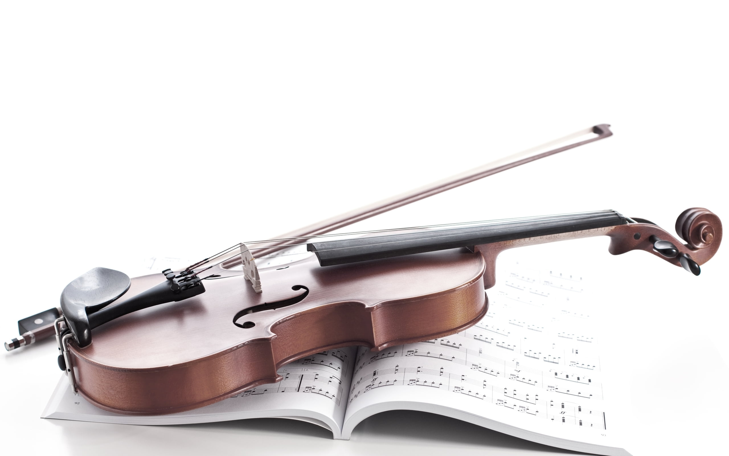 arts culture and entertainment, brown, notebook, bow - musical equipment, paper, wood - material, sheet music, white background, white, bow, string instrument, HD Wallpaper