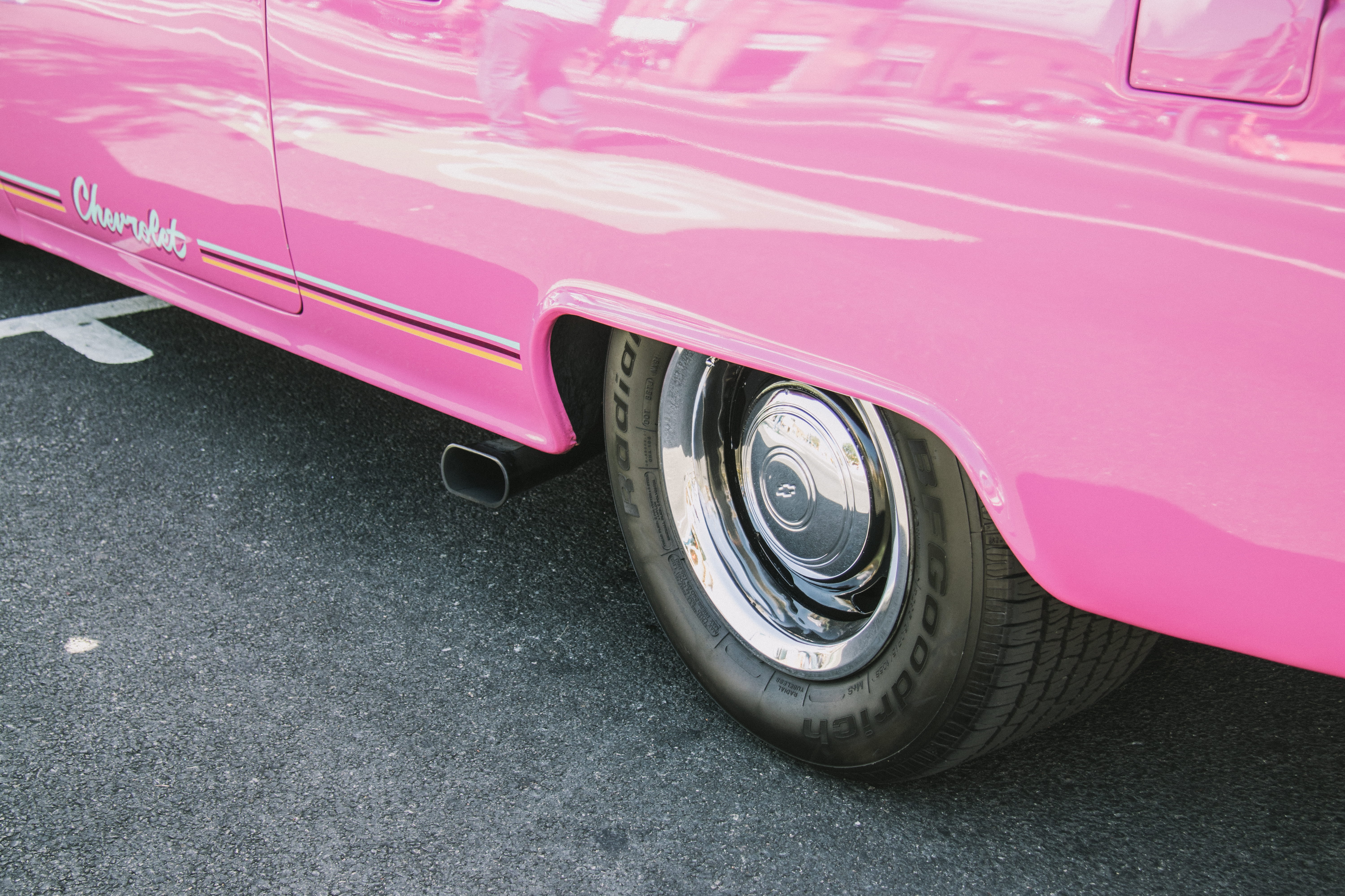motor vehicle, tire, transportation, metal, consumerism, chevy, 5K, chrome, city, road, luxury, land vehicle, vintage car, exhaust, street, pink color, HD Wallpaper