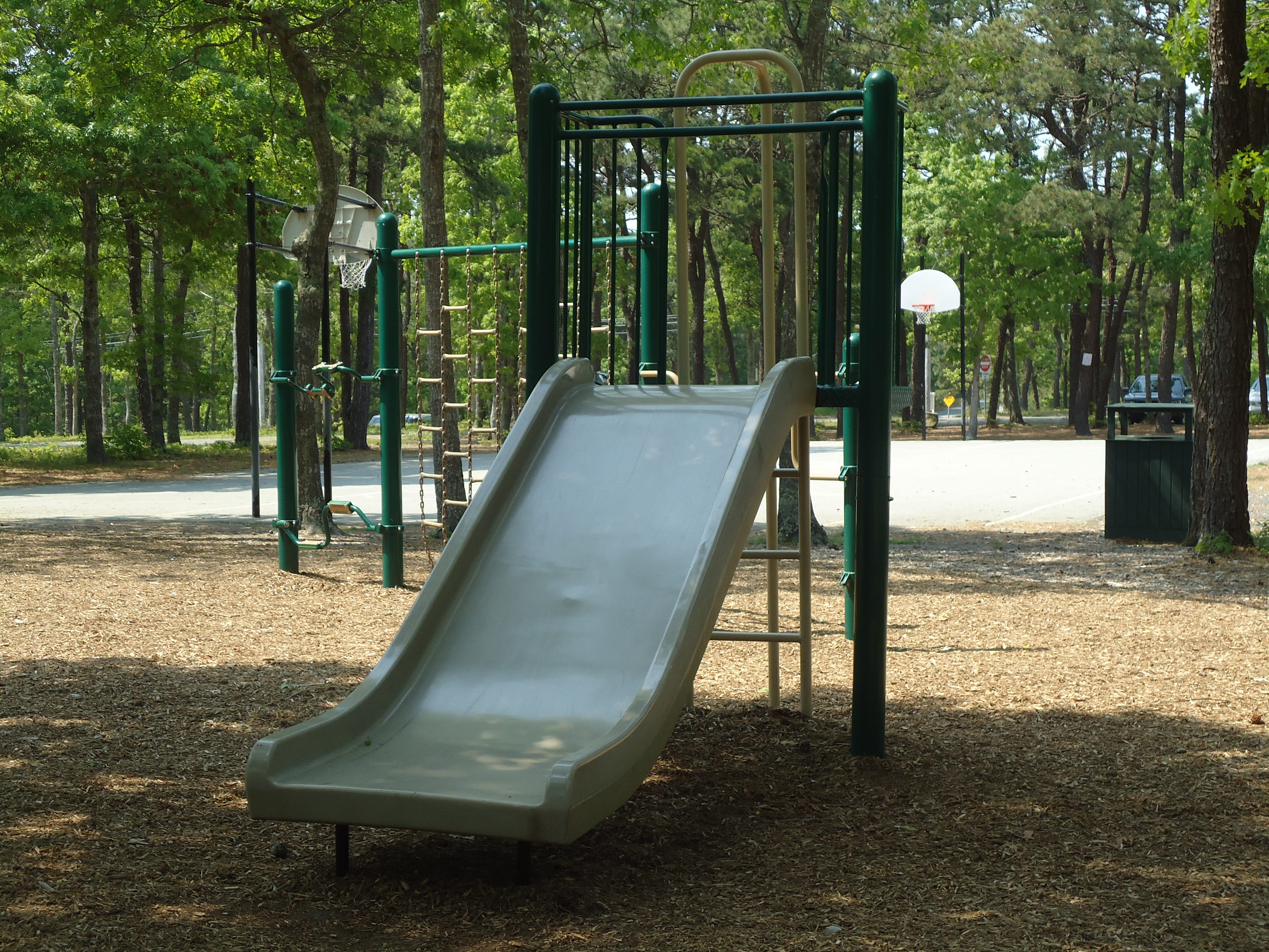 park - man made space, slide - play equipment, park, equipment, outdoors, 4K, day, outdoor play equipment, absence, nature, growth, playground, tree, slide, HD Wallpaper