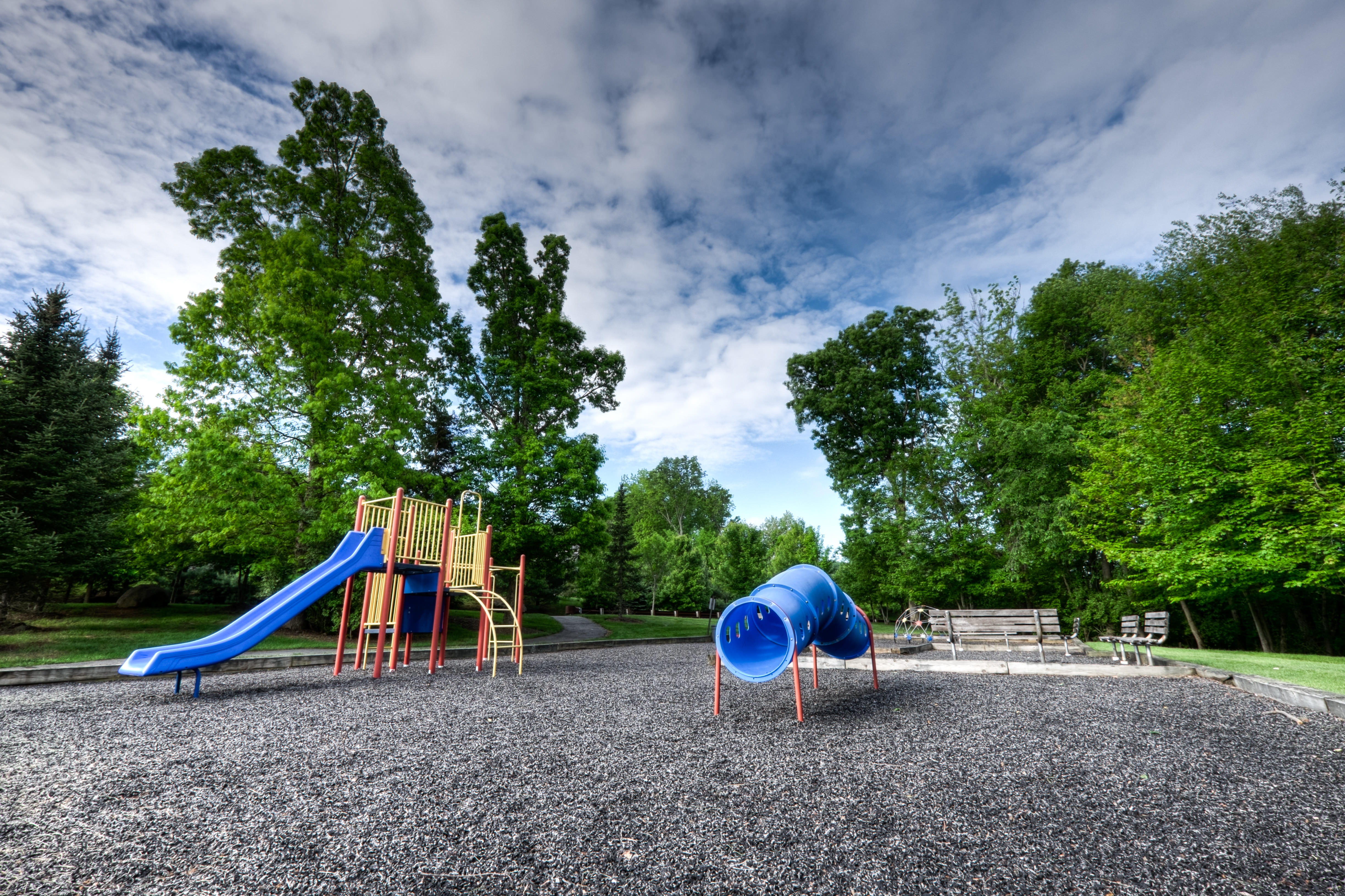 slide - play equipment, brown, childhood, set, tree, growth, outdoor play equipment, play set, park - man made space, land, playing, outdoors, 4K, park, HD Wallpaper