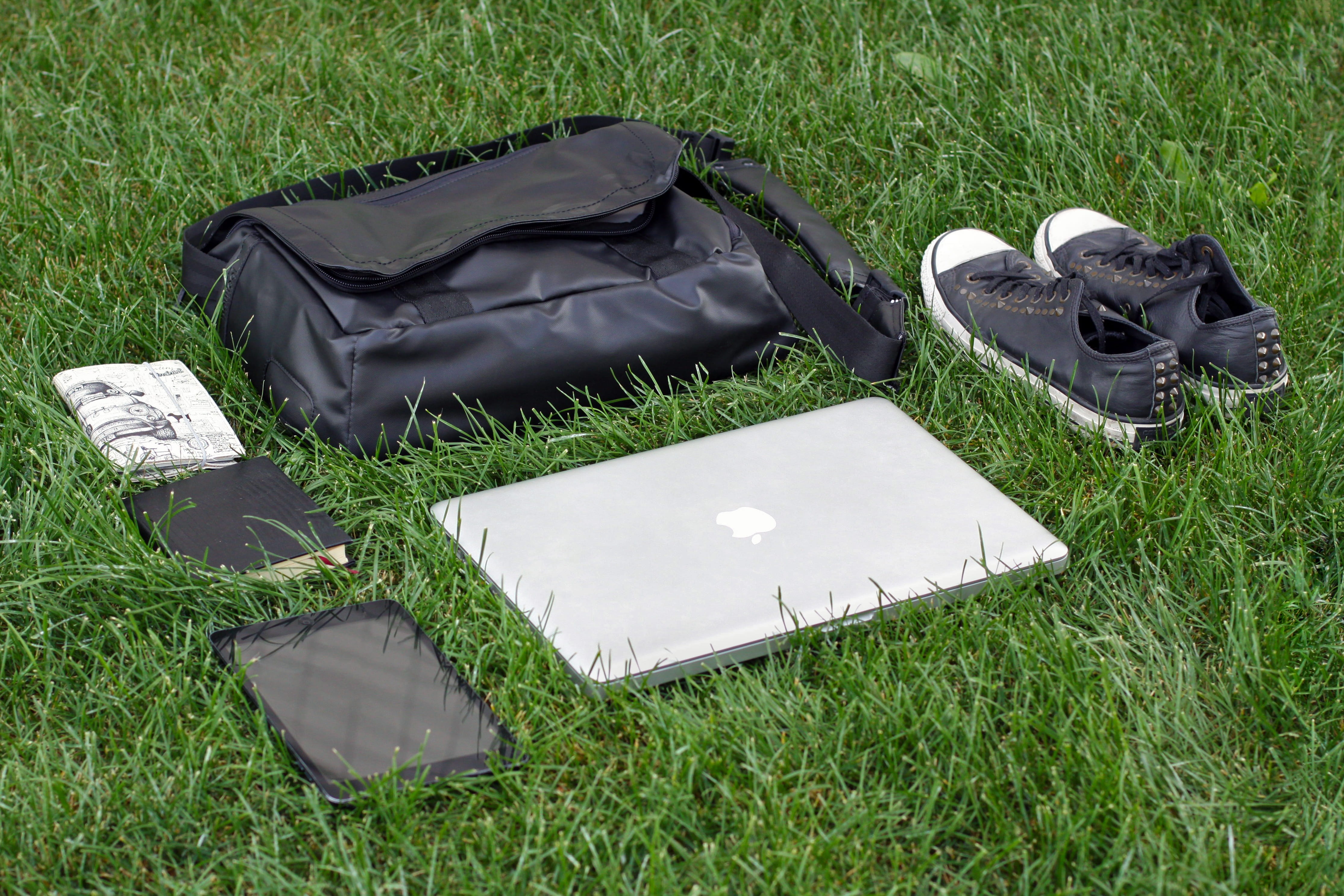 field, nature, open, high angle view, grass, mens accessories, mens, gym shoes, still life, black color, notebook, portable, book, outdoors, no people, HD Wallpaper