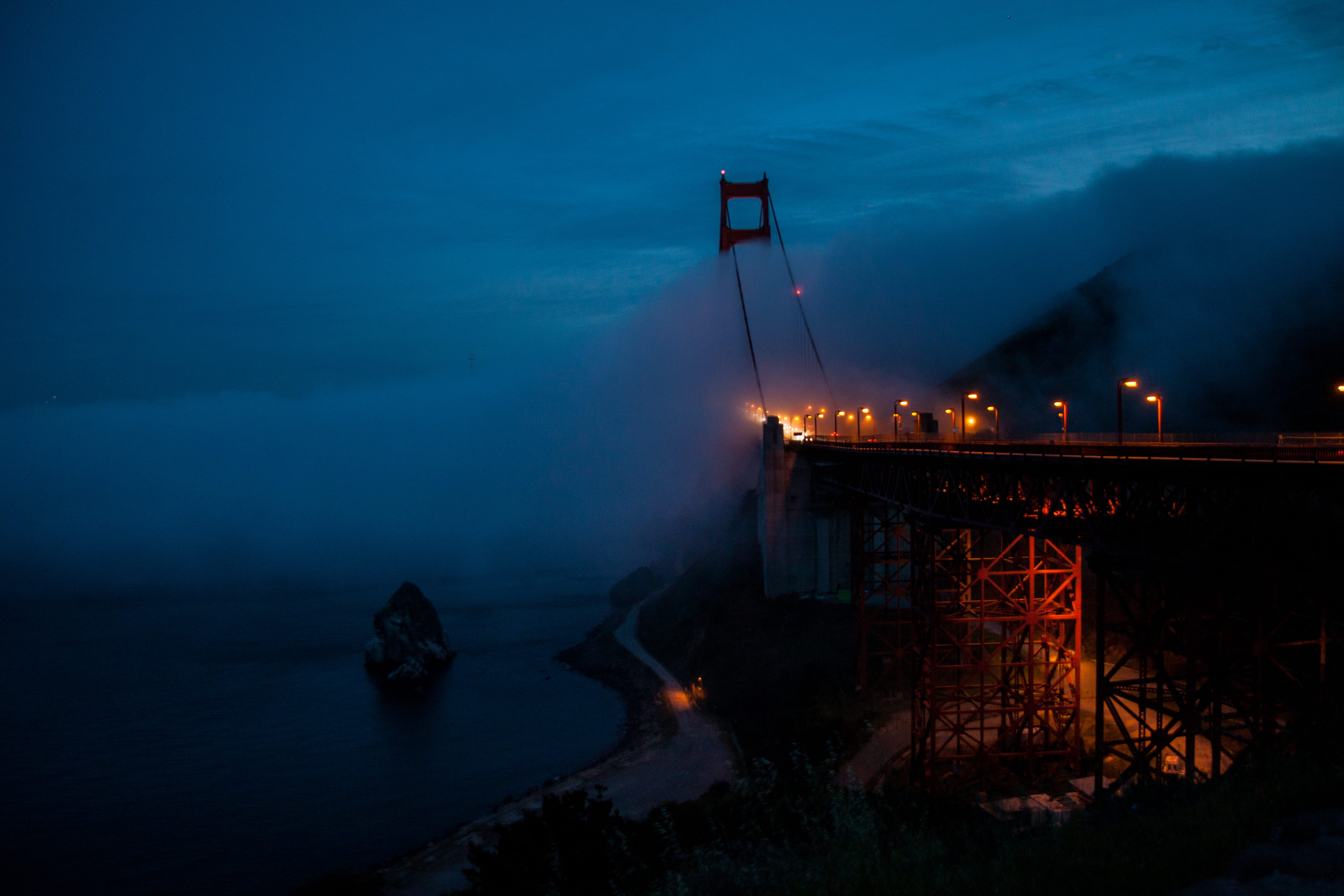 water, no people, ocean view, factory, industry, illuminated, san francisco, 5K, golden gate bridge, ocean, motion, light, land, bridge, foggy, dusk, car, HD Wallpaper