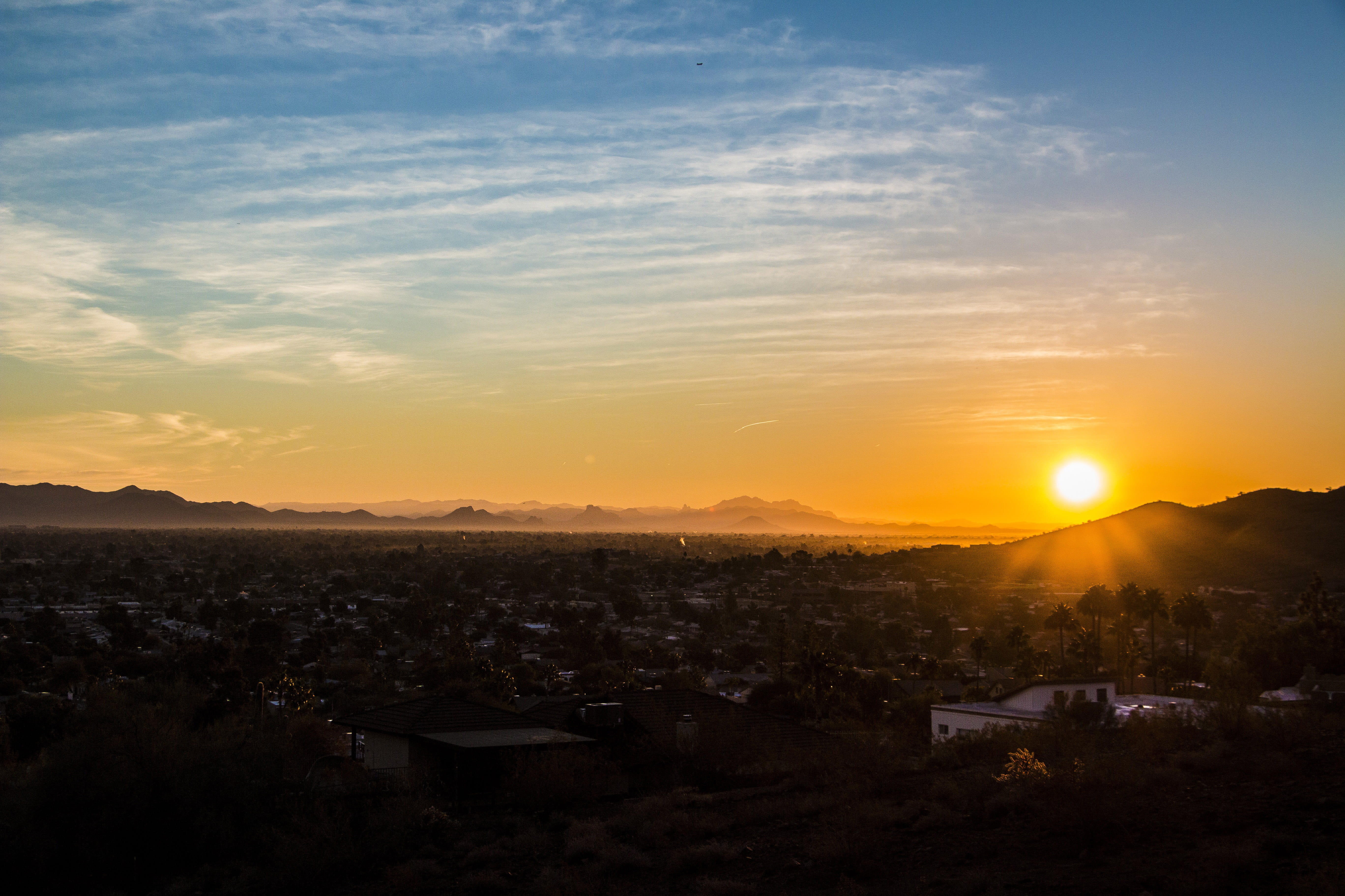 sky, sun, scenics - nature, mountain, building exterior, arizona, orange Color, beauty In Nature, night, lens flare, Phoenix, public domain, Arizona, 5K, HD Wallpaper