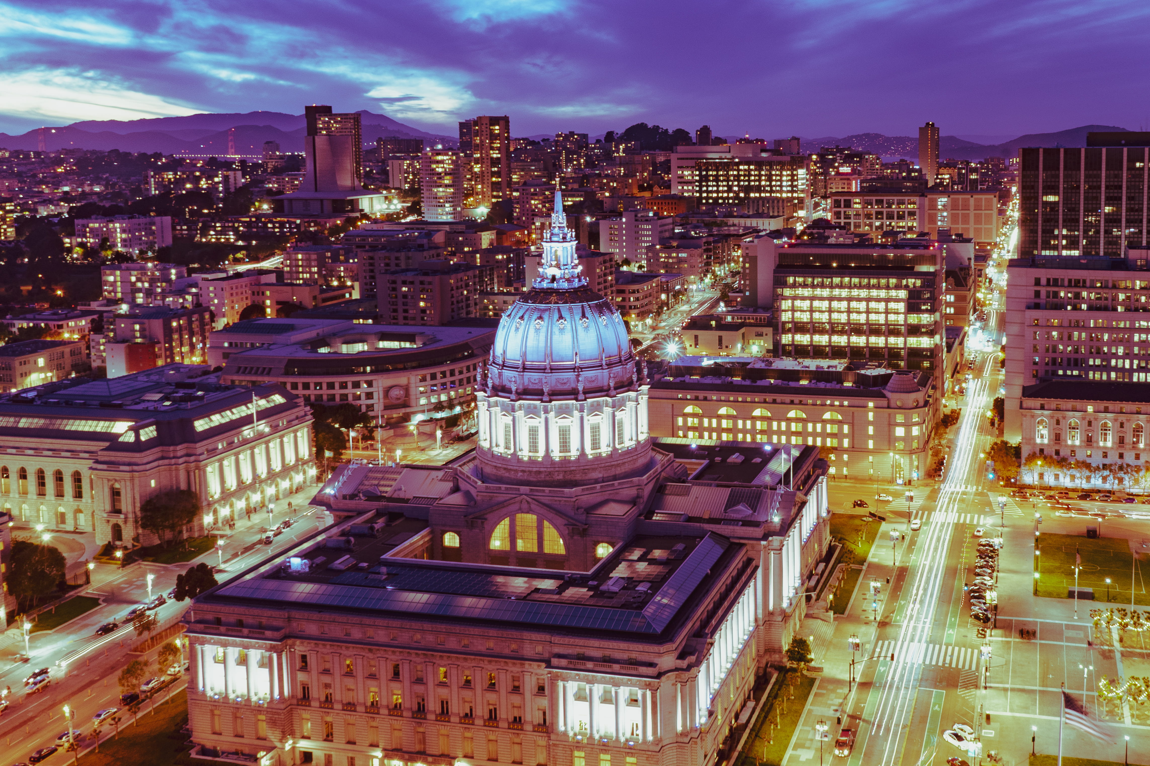 united states, outdoors, rooftop, travel destinations, night, nature, roof, san francisco city hall, sky, skyscraper, long exposure, california, high angle view, HD Wallpaper