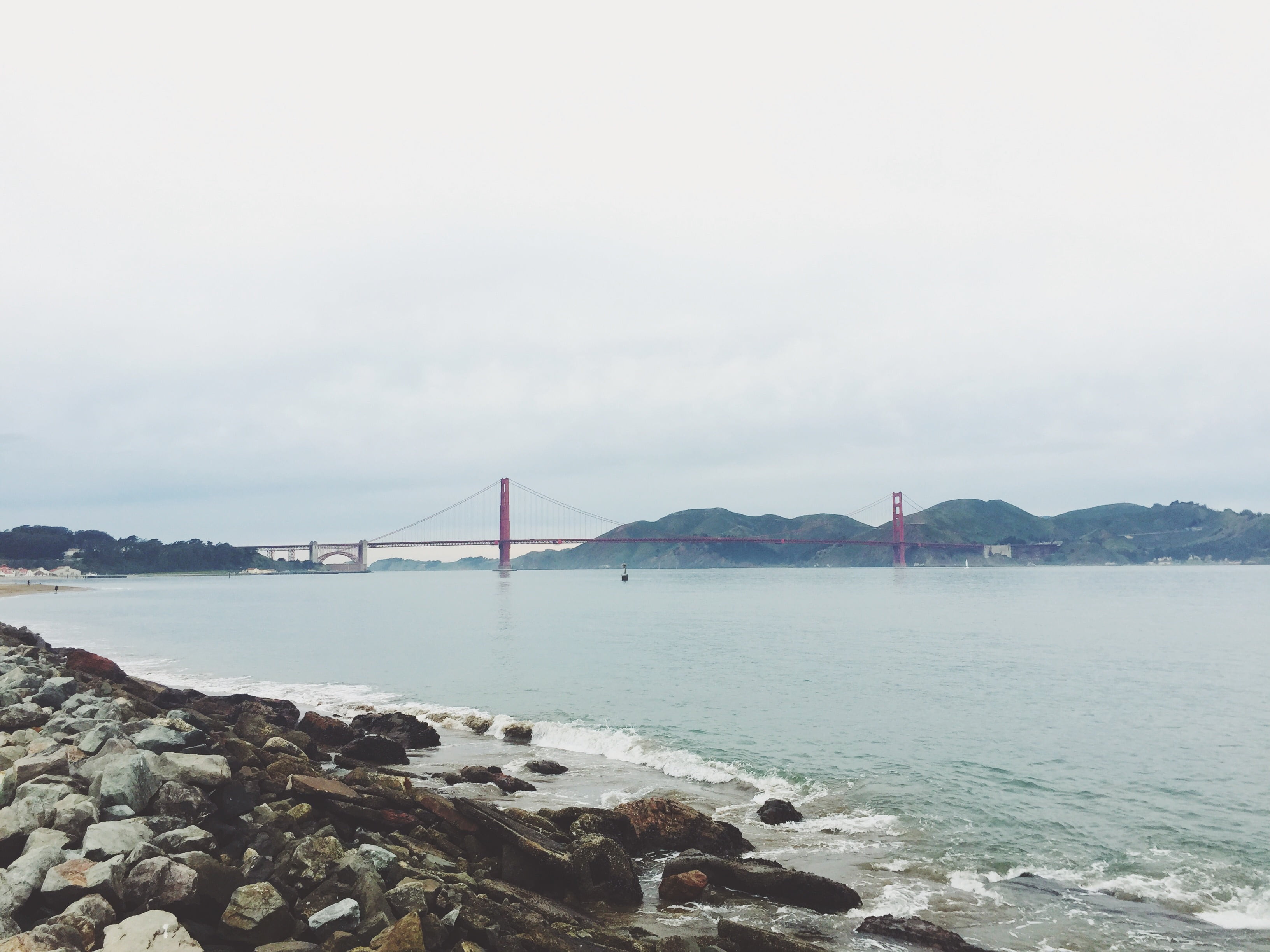 mountains, water, outdoors, bridge - Man Made Structure, rocks, sea, rock, clouds, connection, california, suspension Bridge, built structure, travel destinations, HD Wallpaper