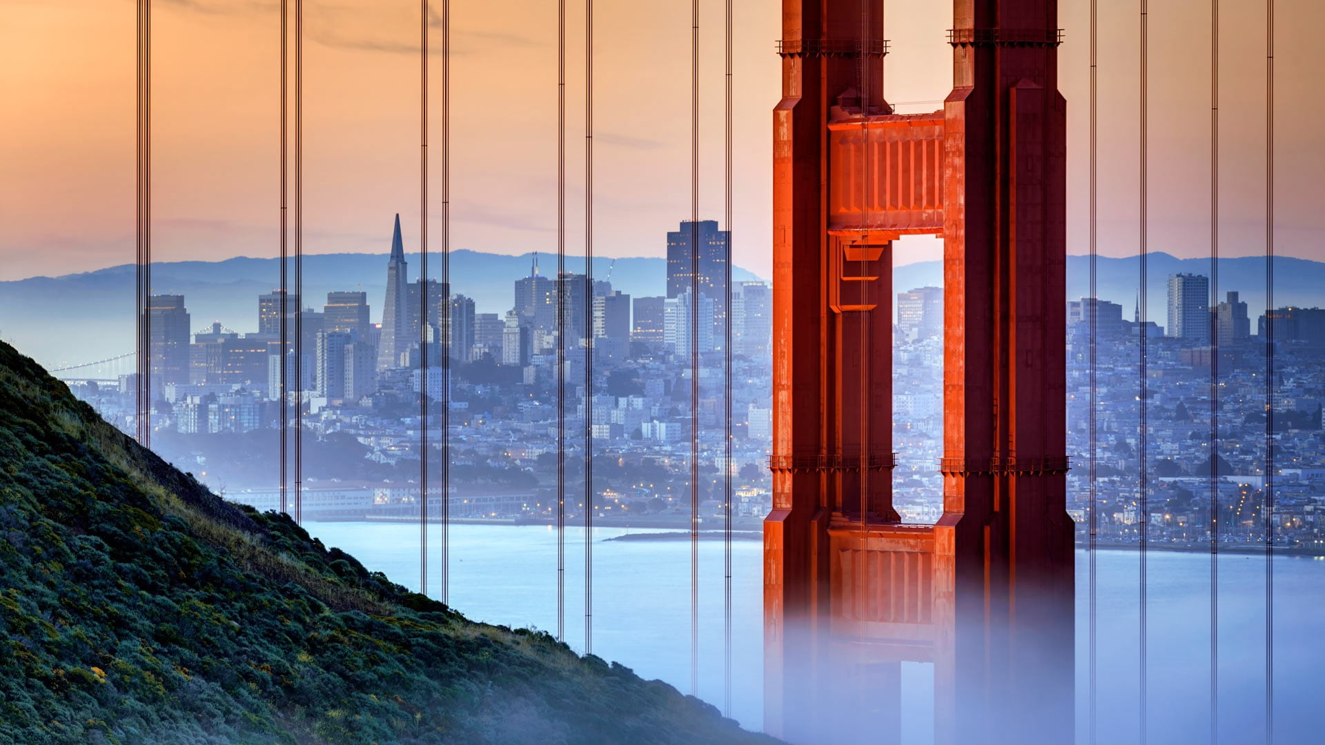 1080P, Golden Gate Bridge, landscape, mist, USA, mountains, plants, city, California, sunrise, bridge, San Francisco, HD Wallpaper