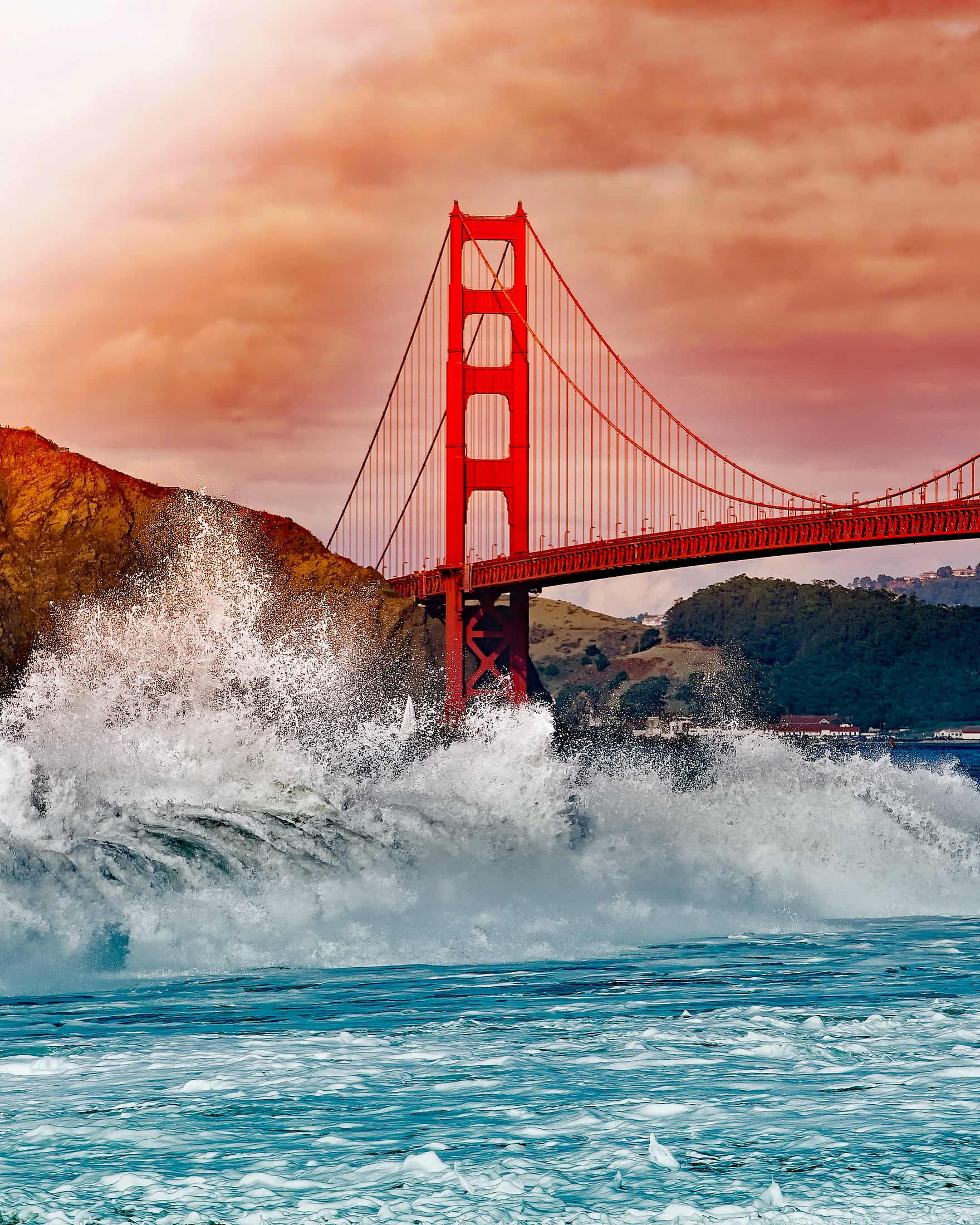 landmark, gate, historic, golden gate bridge, scenic, landscape, cloud - sky, sunset, famous, bridge - man made structure, no people, splashing, transportation, Phone HD Wallpaper