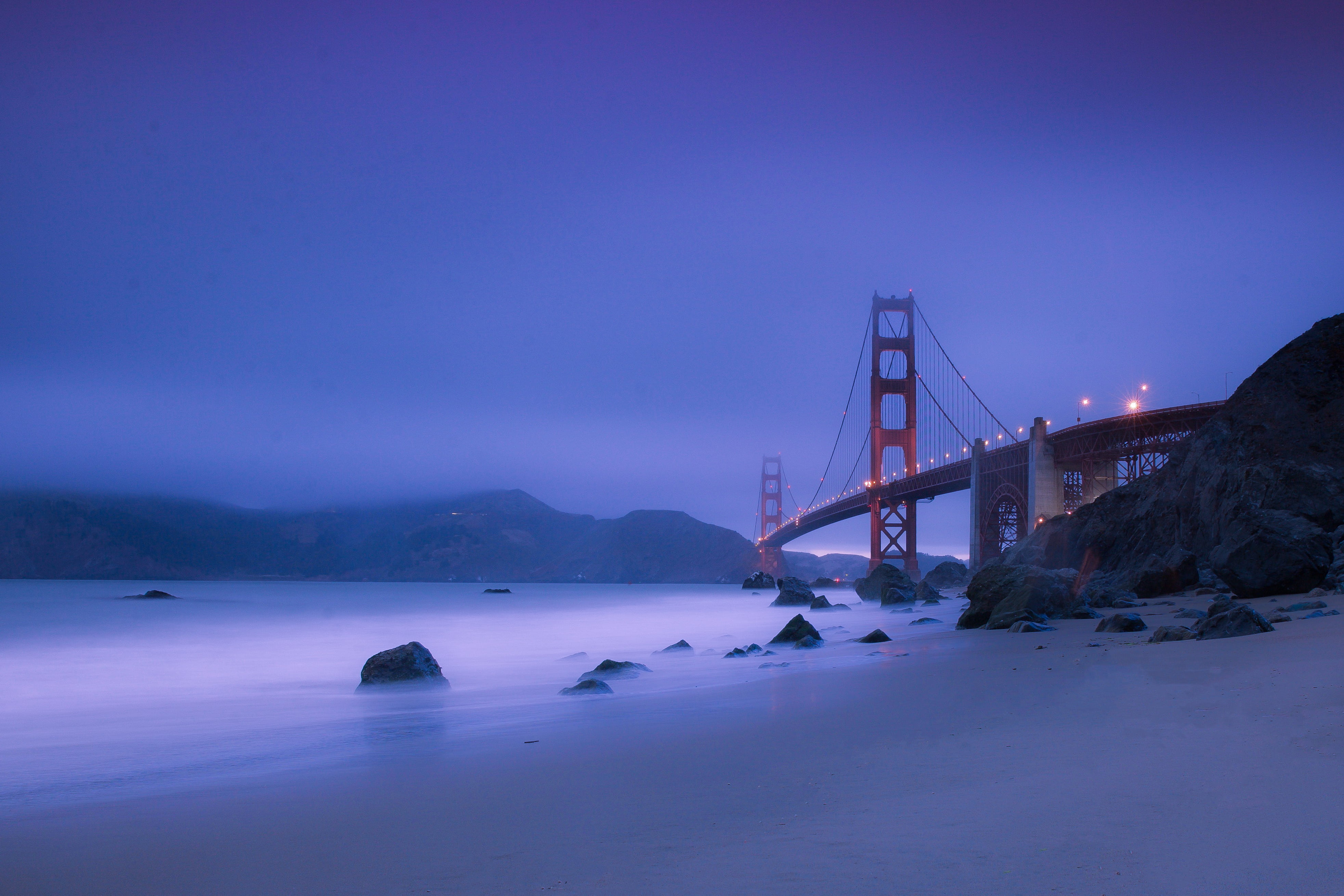 lights, murky, architecture, 4K, foggy, hazy, tranquility, evening, suspension bridge, dawn, seascape, beach, outdoors, nature, built structure, bridge, HD Wallpaper