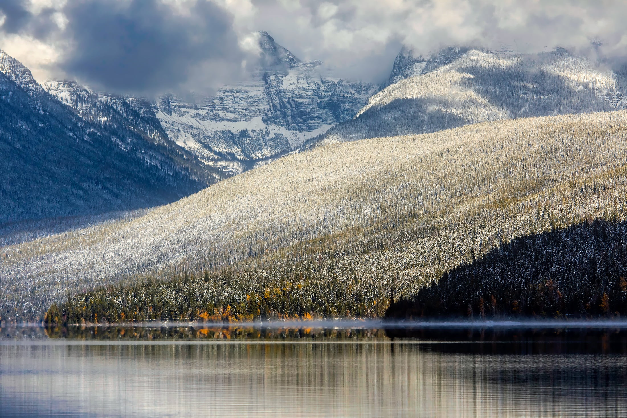 country, tranquility, day, lake mcdonald, tree, photo, body, lake, outdoors, mountain range, mountain, cloud - sky, hdr, montana, cold temperature, autumn, HD Wallpaper