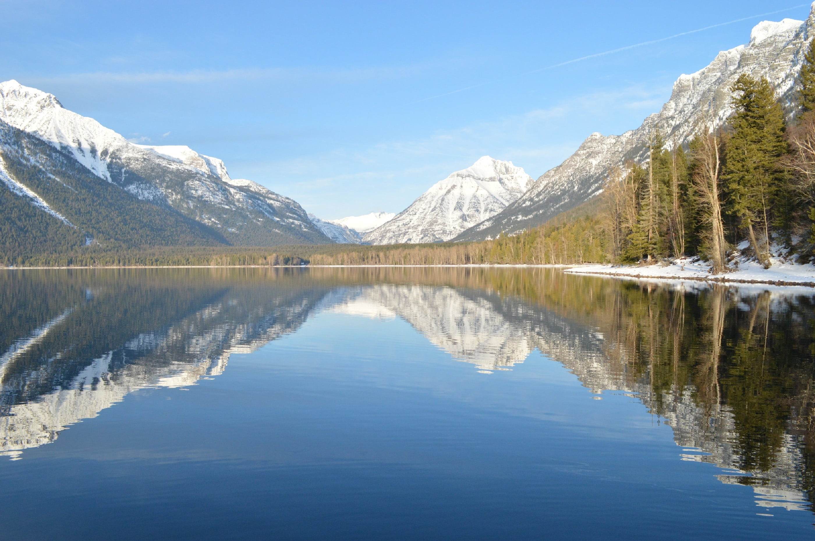 water, lake, snow, alpine, outdoors, mountains, day, mountain, nature, skyline, scenics, snowcapped mountain, tree, landscape, 2K, waterfront, trees, peak, HD Wallpaper