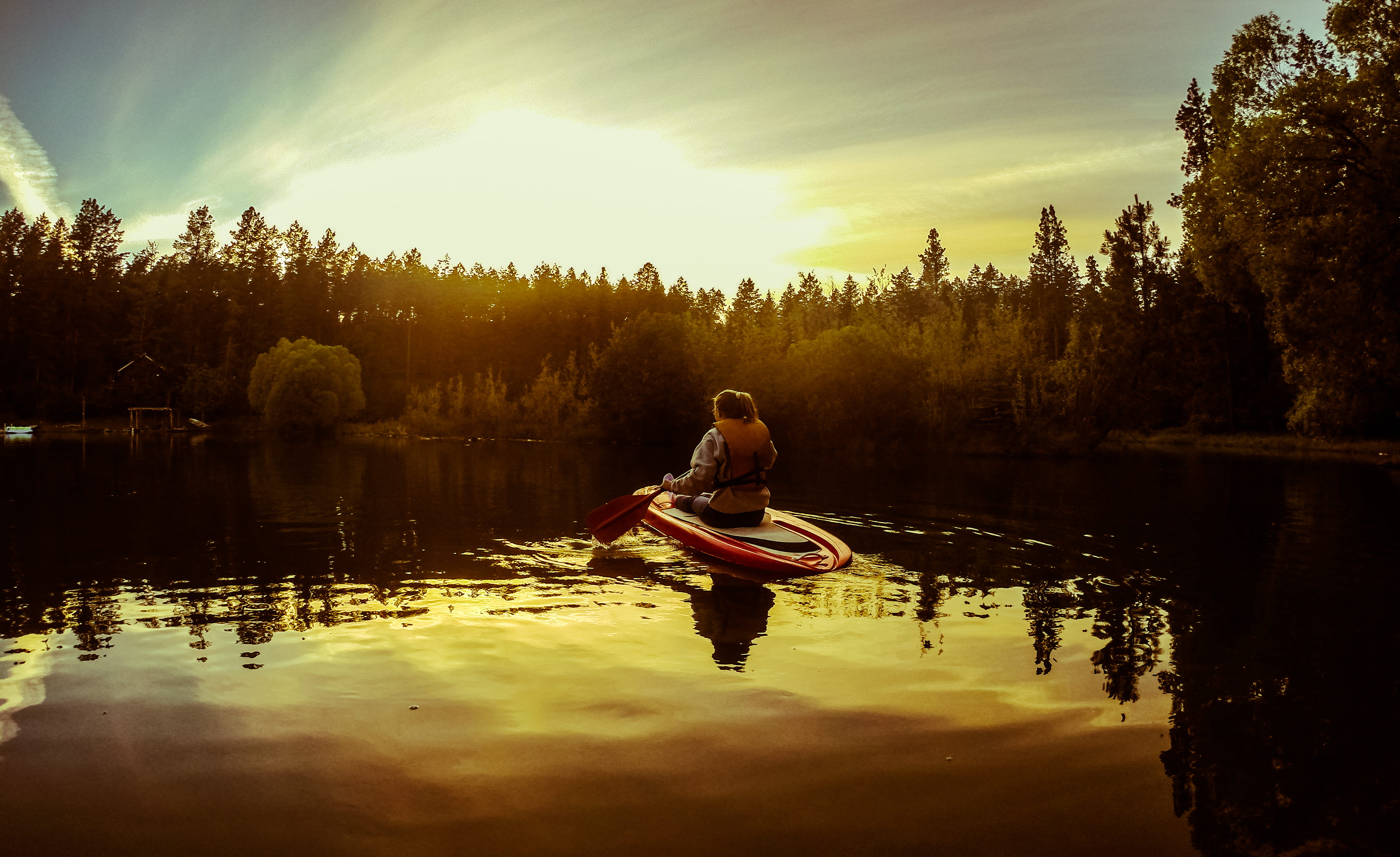 4K, beauty in nature, nature, trees, sky, outdoor, paddle, real people, tree, reflection, flathead lake, full length, lifestyles, tranquility, leisure activity, HD Wallpaper