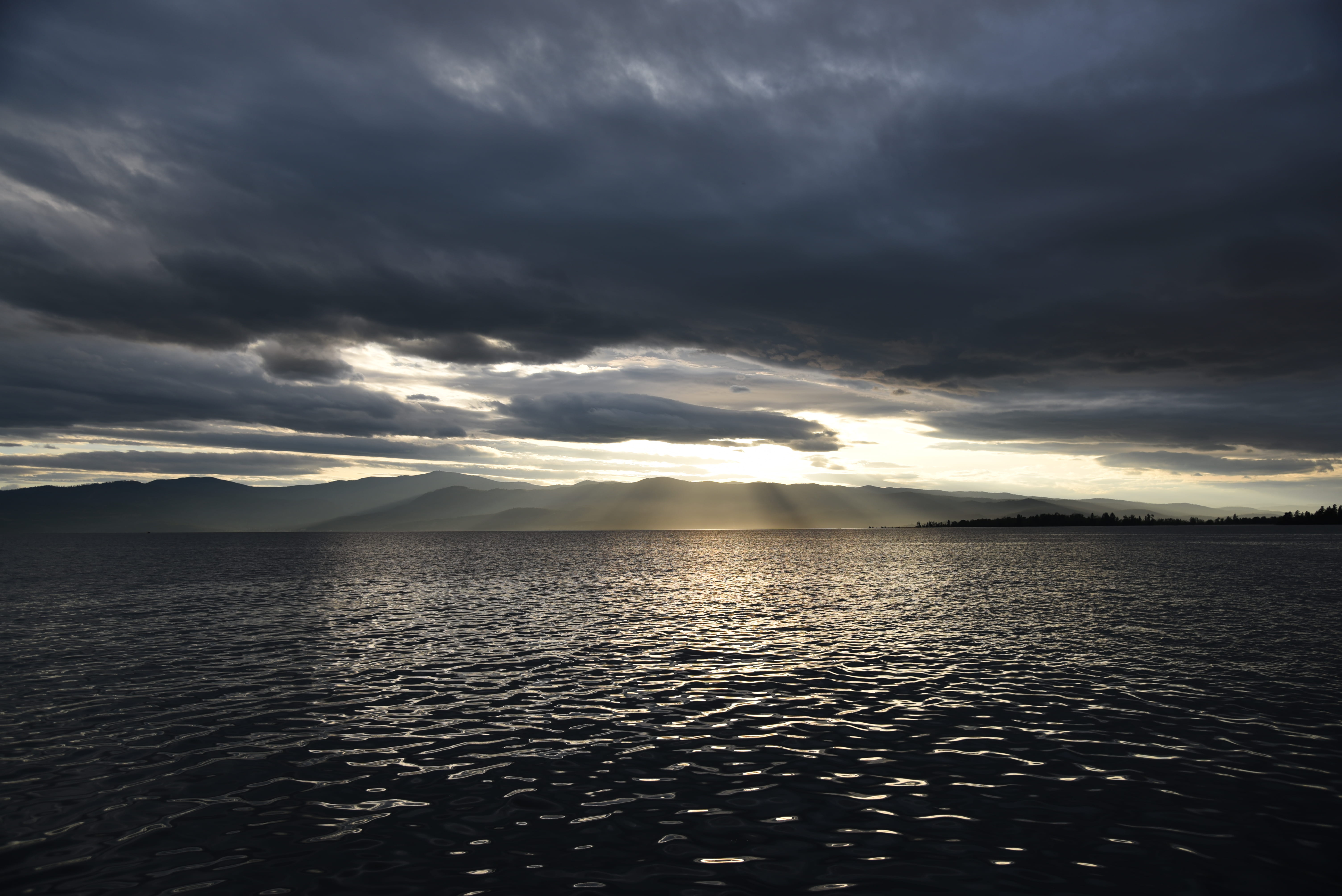 scenics - nature, non-urban scene, tranquility, idyllic, 5K, cloud - sky, sunset, nature, water, sea, no people, flathead lake, outdoors, sky, overcast, HD Wallpaper