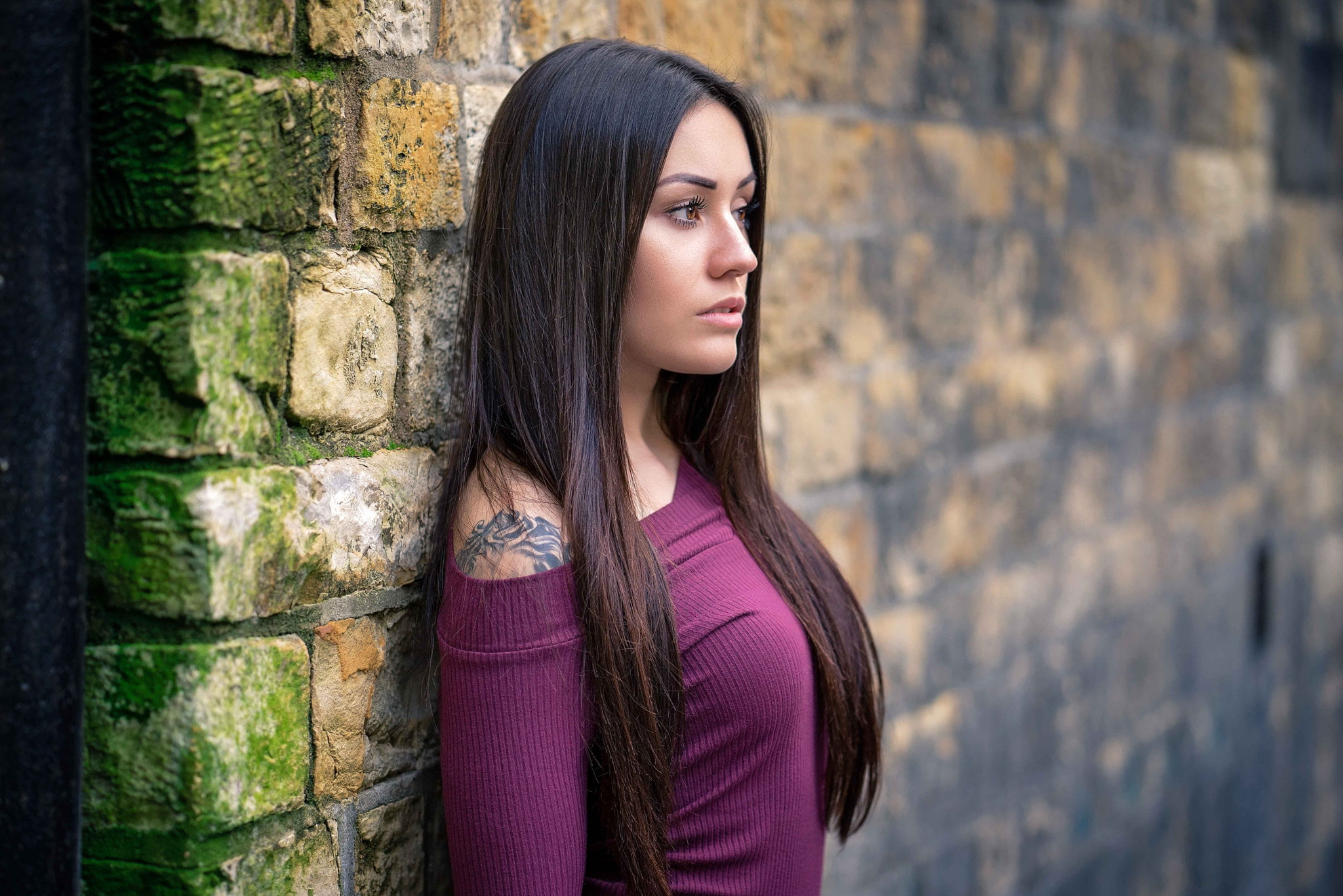 straight hair, women, bricks, wall, portrait, depth of field, long hair, brunette, Pavlina, 1080P, looking away, tattoo, HD Wallpaper