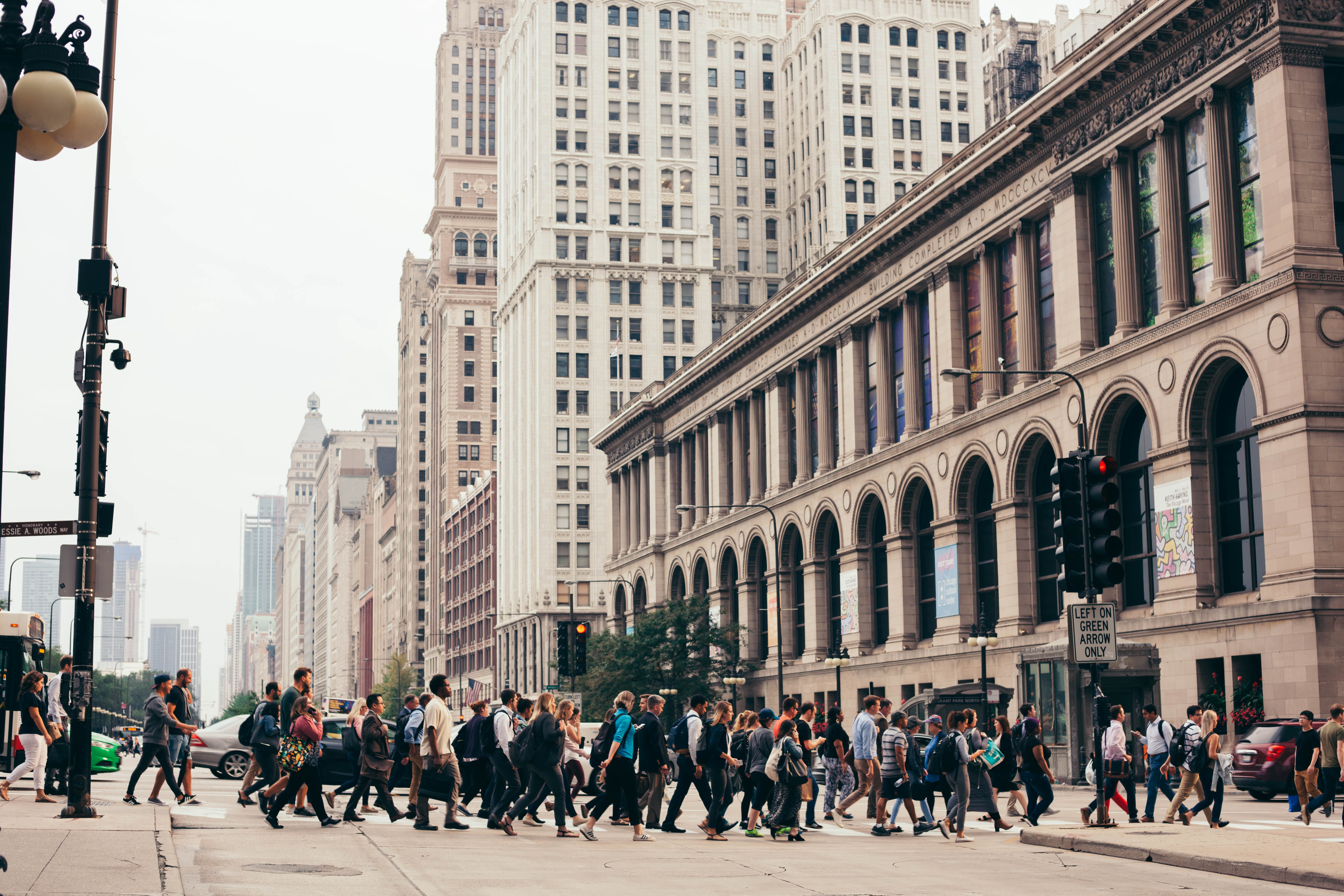 men, group of people, office building exterior, building exterior, architecture, real people, chicago public library foundation, walking, street, michigan avenue, HD Wallpaper