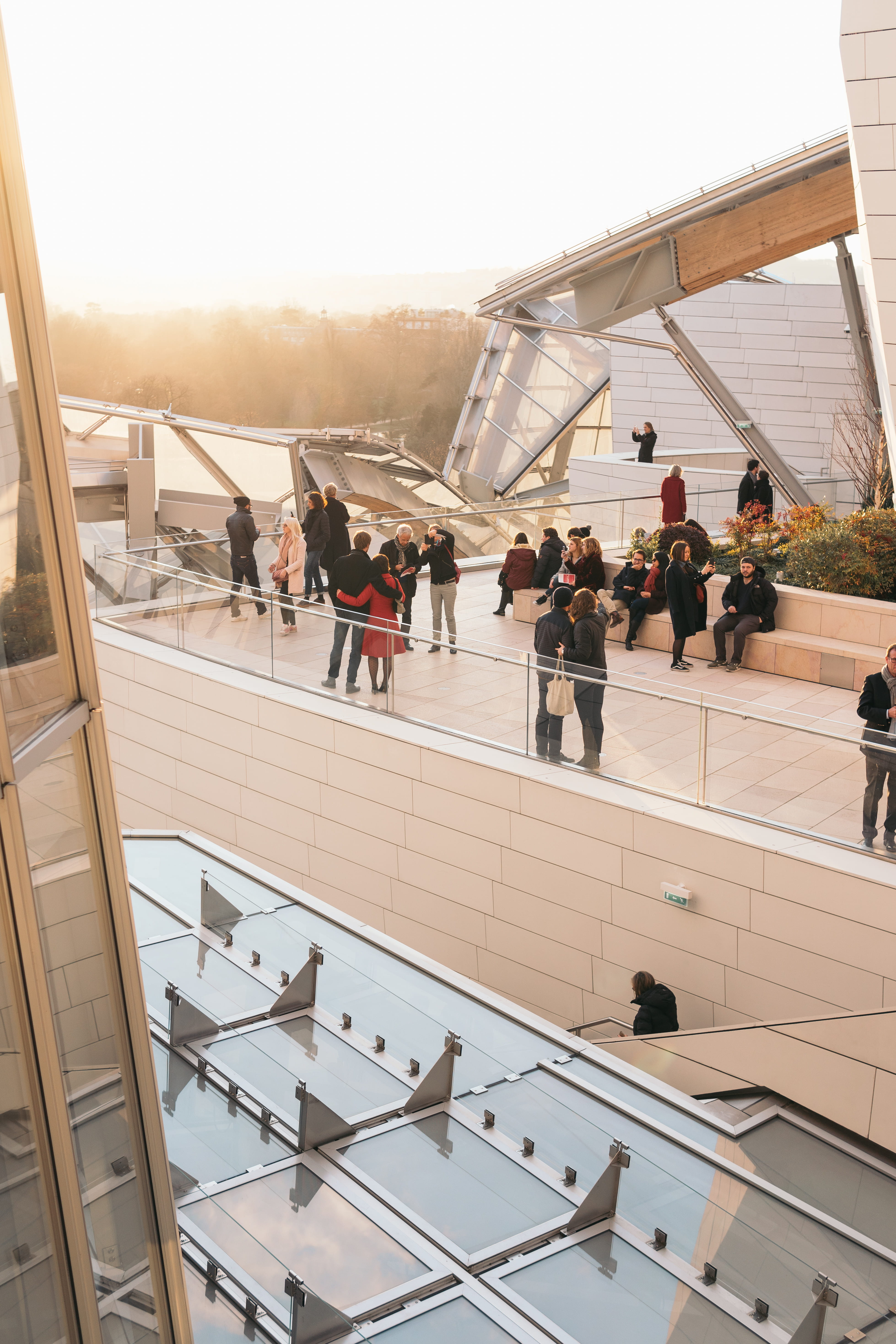 louis vuitton foundation, view, built structure, paris, sunset, lifestyles, large group of people, staircase, nature, clear sky, real people, people, adult, Phone HD Wallpaper