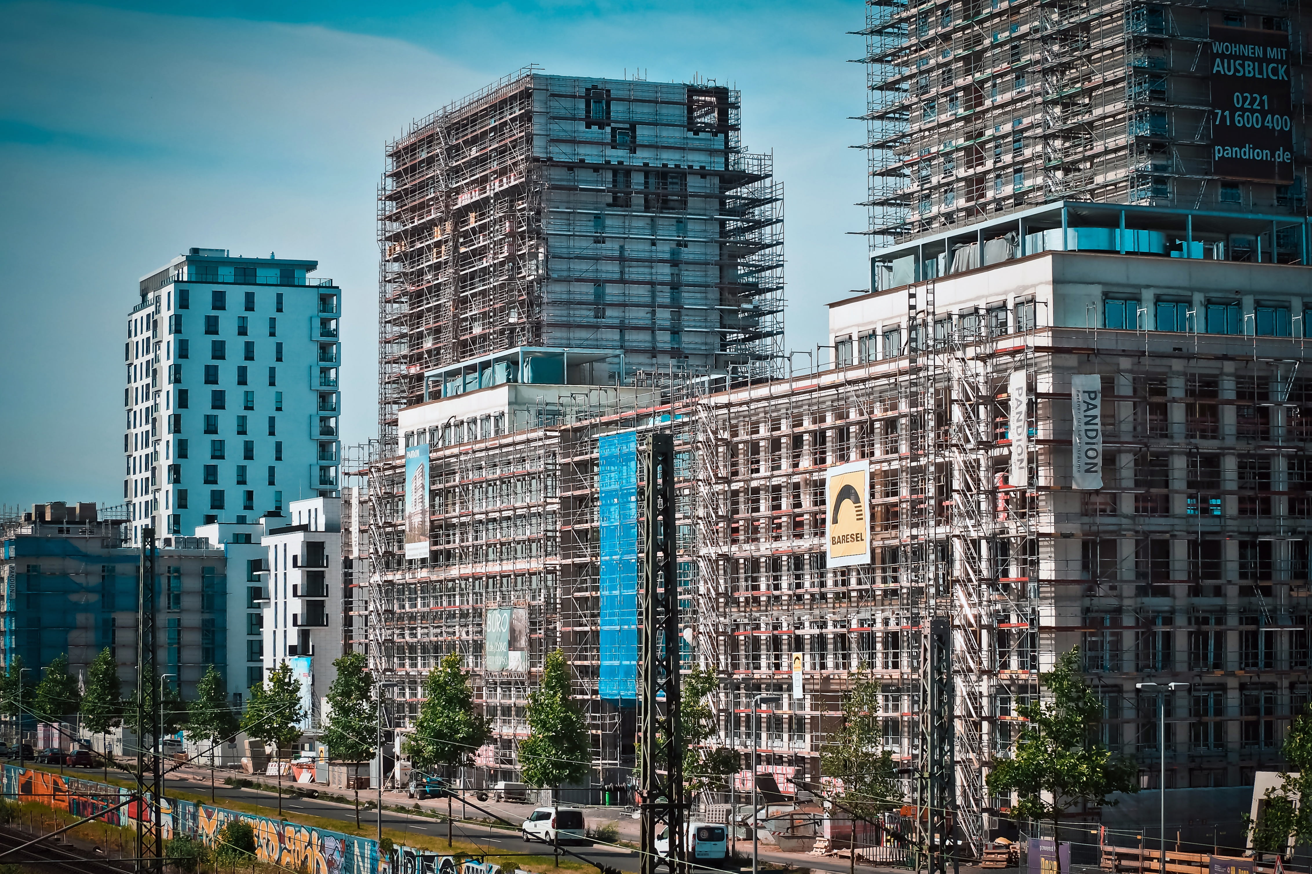 daytime, city life, rent, blue, build, residential district, urban Scene, financial district, modern architecture, urban, building Exterior, concrete, scaffold, HD Wallpaper