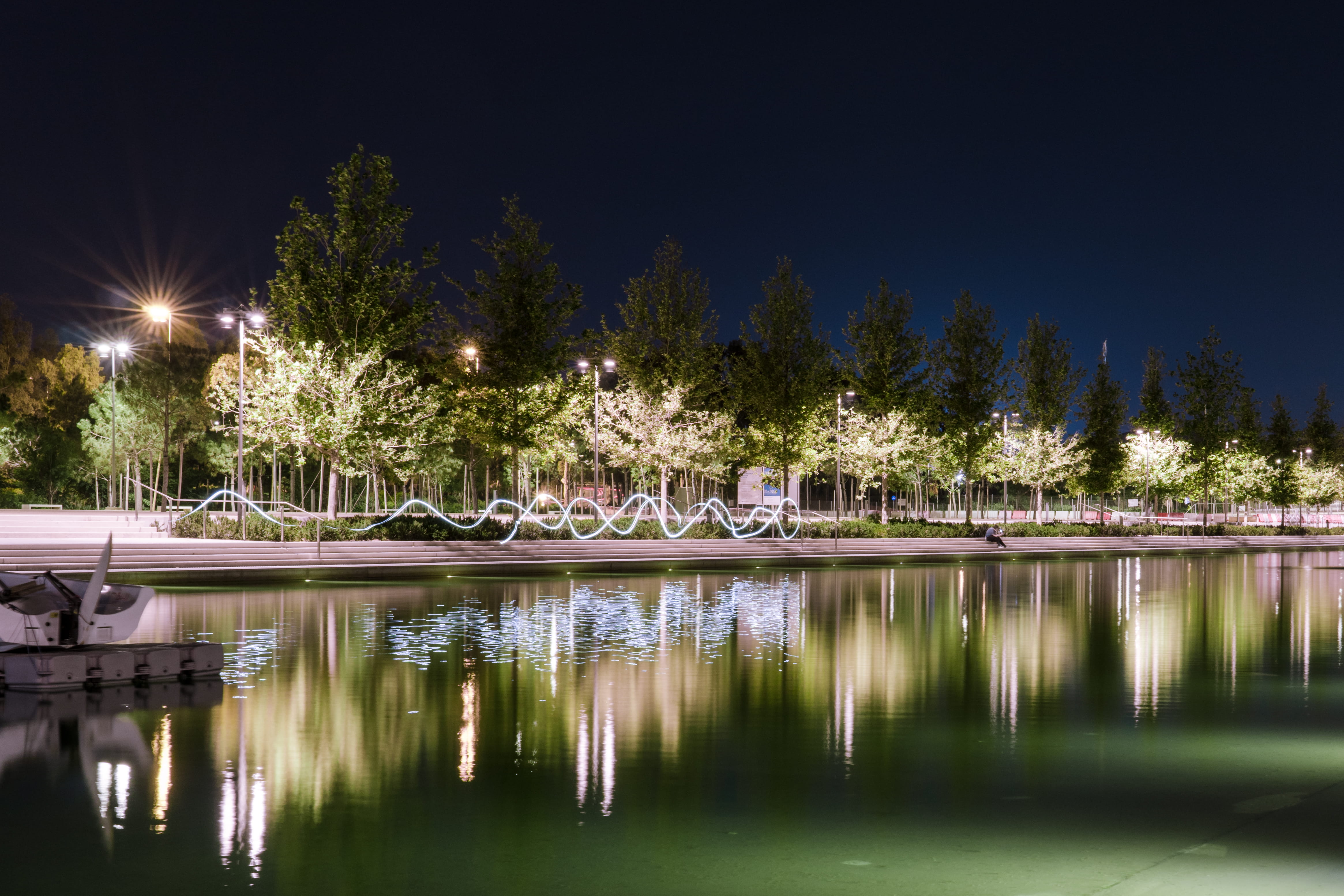 kallithea, light painting, tree, greece, standing water, tranquility, no people, lake, sonya6500, low light, long exposure, building, 4K, water, sky, drawing, HD Wallpaper