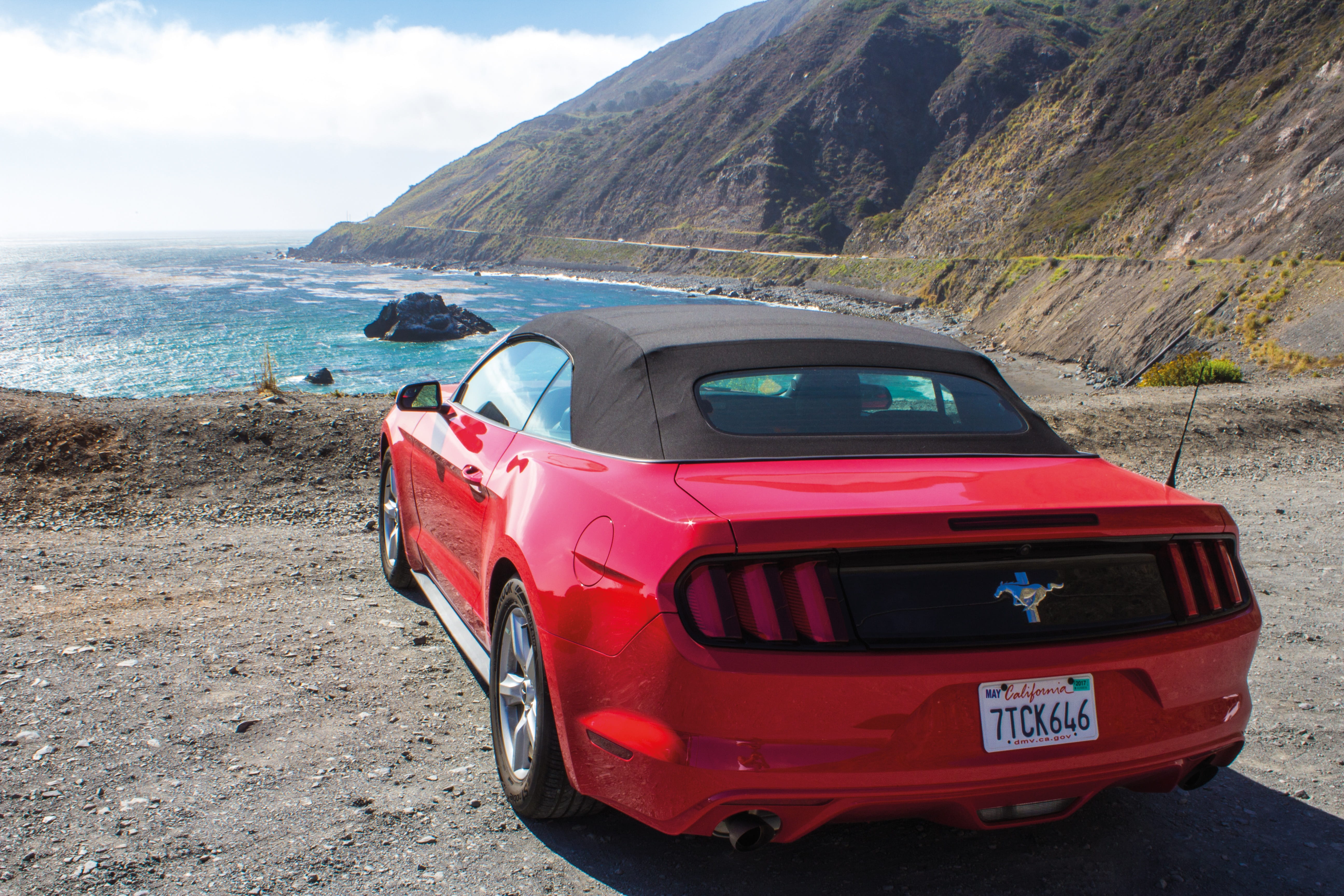 view, california, 5K, natural, nature, motor vehicle, day, sea, scenics - nature, convertible, drive, water, red, land, mode of transportation, west coast, HD Wallpaper