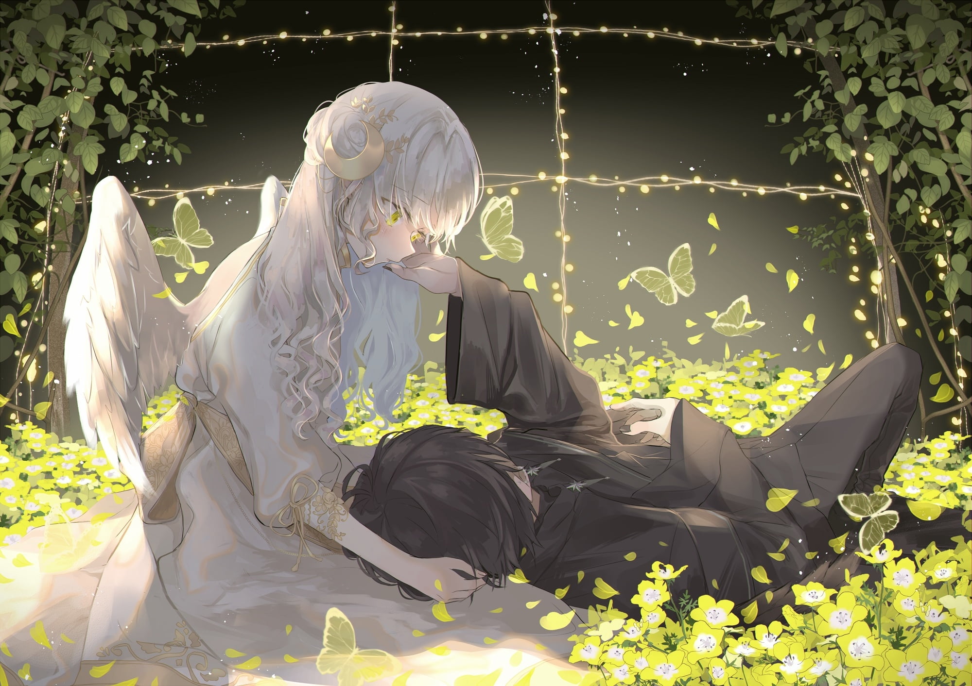 Angel, Anime, Yellow Flower, Wings, Couple, 1080P, Romantic, Lying Down, Original, HD Wallpaper
