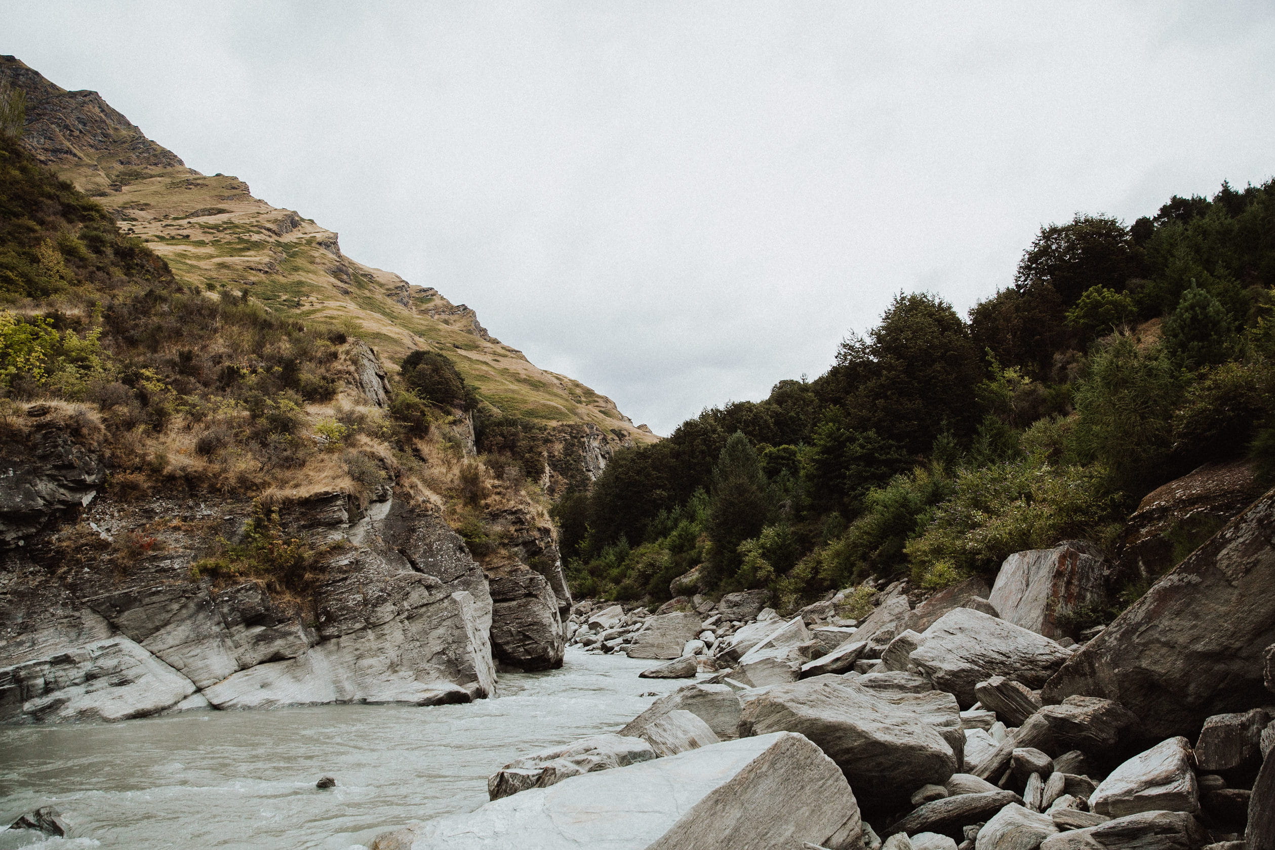 sky, trees, solid, stream - flowing water, nature, plant, 1080P, tranquility, mountain, rock - object, rock formation, scenics - nature, day, otago, beauty in nature, HD Wallpaper