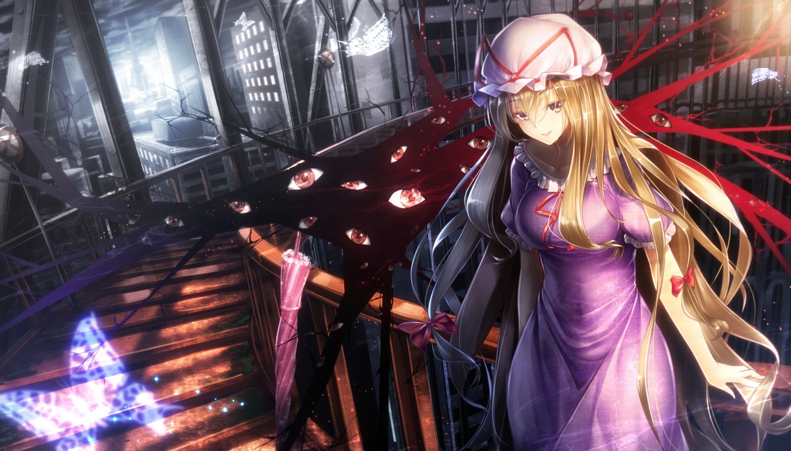 butterfly, touhou, hair, magic, blonde, yakumo, long, building, eyes, dress, stairs, hat, city, yellow, ryosios, umbrella, yukari, bow, 720P, HD Wallpaper